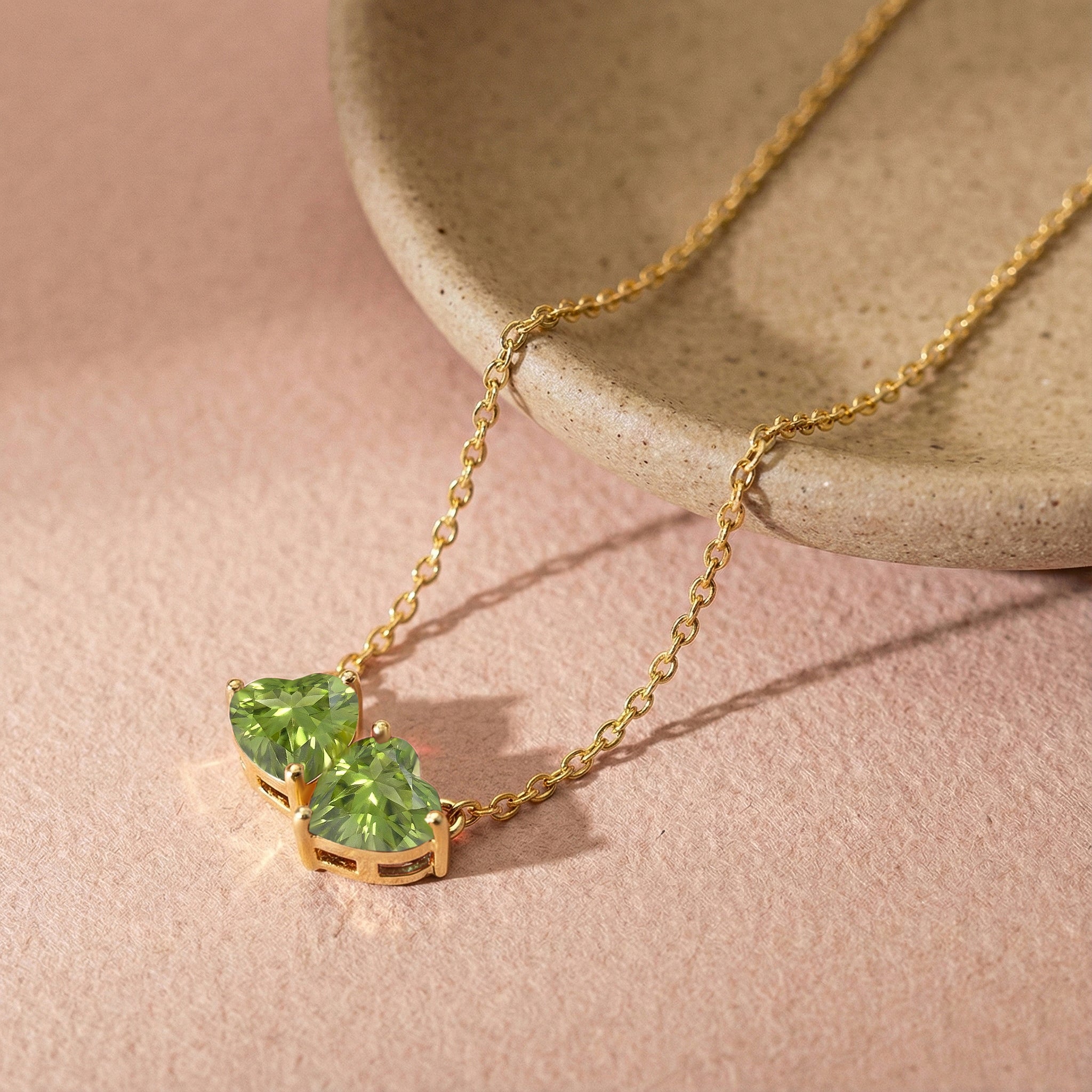 Peridot Double Heart Pendant Necklace in Yellow Gold Plated 5 MM 1.3ct