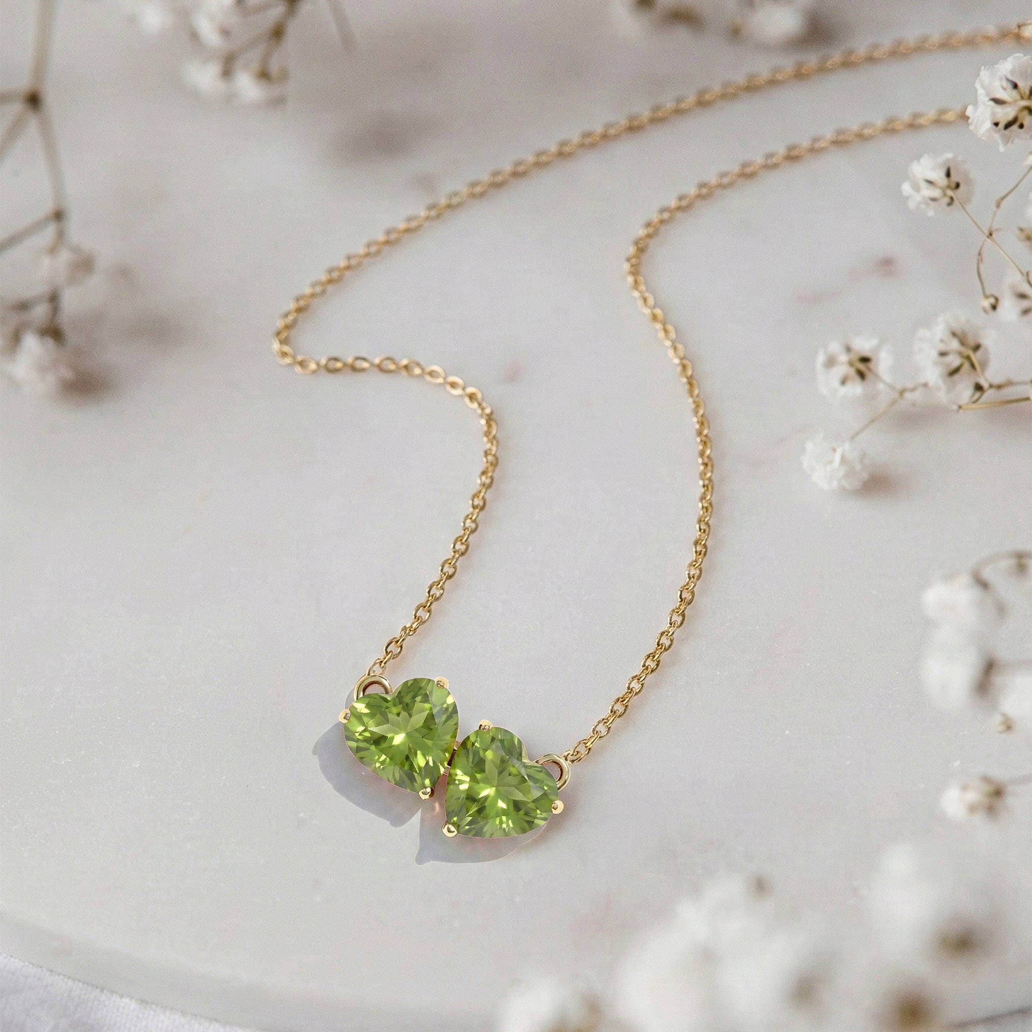 Peridot Double Heart Pendant Necklace in Yellow Gold Plated 5 MM 1.3ct