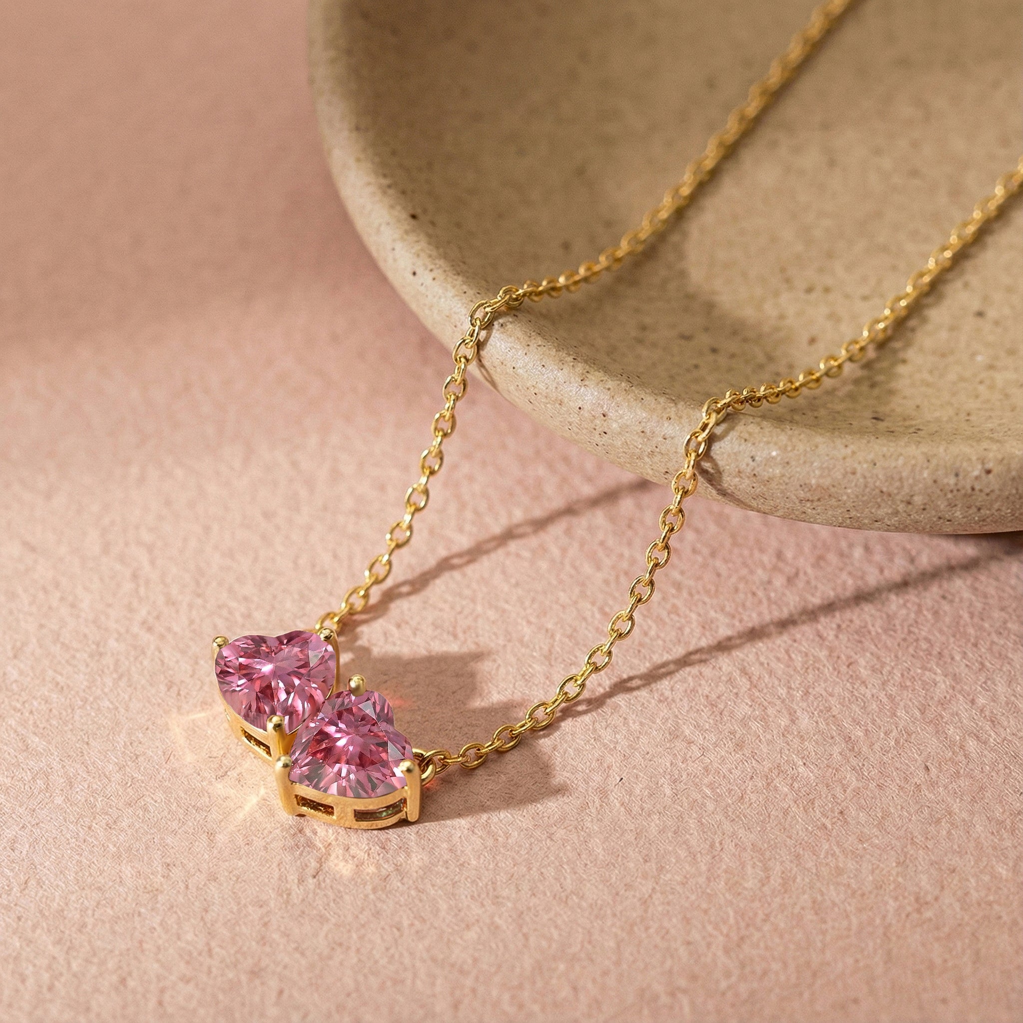 Pink Tourmaline Double Heart Pendant Necklace in Yellow Gold Plated 5 MM 1.3ct