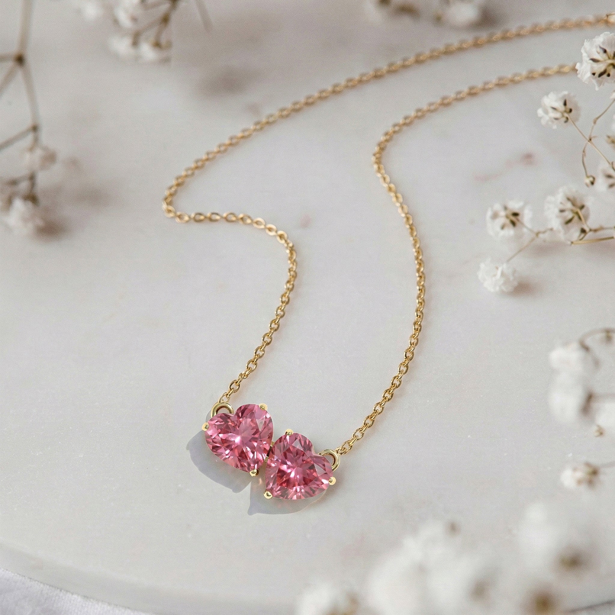 Pink Tourmaline Double Heart Pendant Necklace in Yellow Gold Plated 5 MM 1.3ct