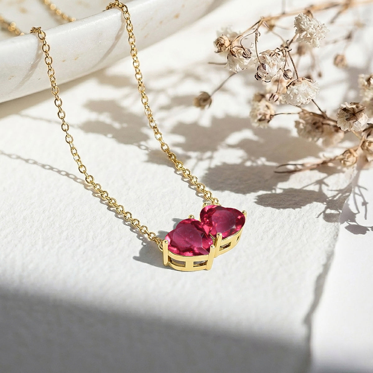 Pink Tourmaline Double Heart Pendant Necklace in 925 Sterling Silver 5 MM 1.3ct