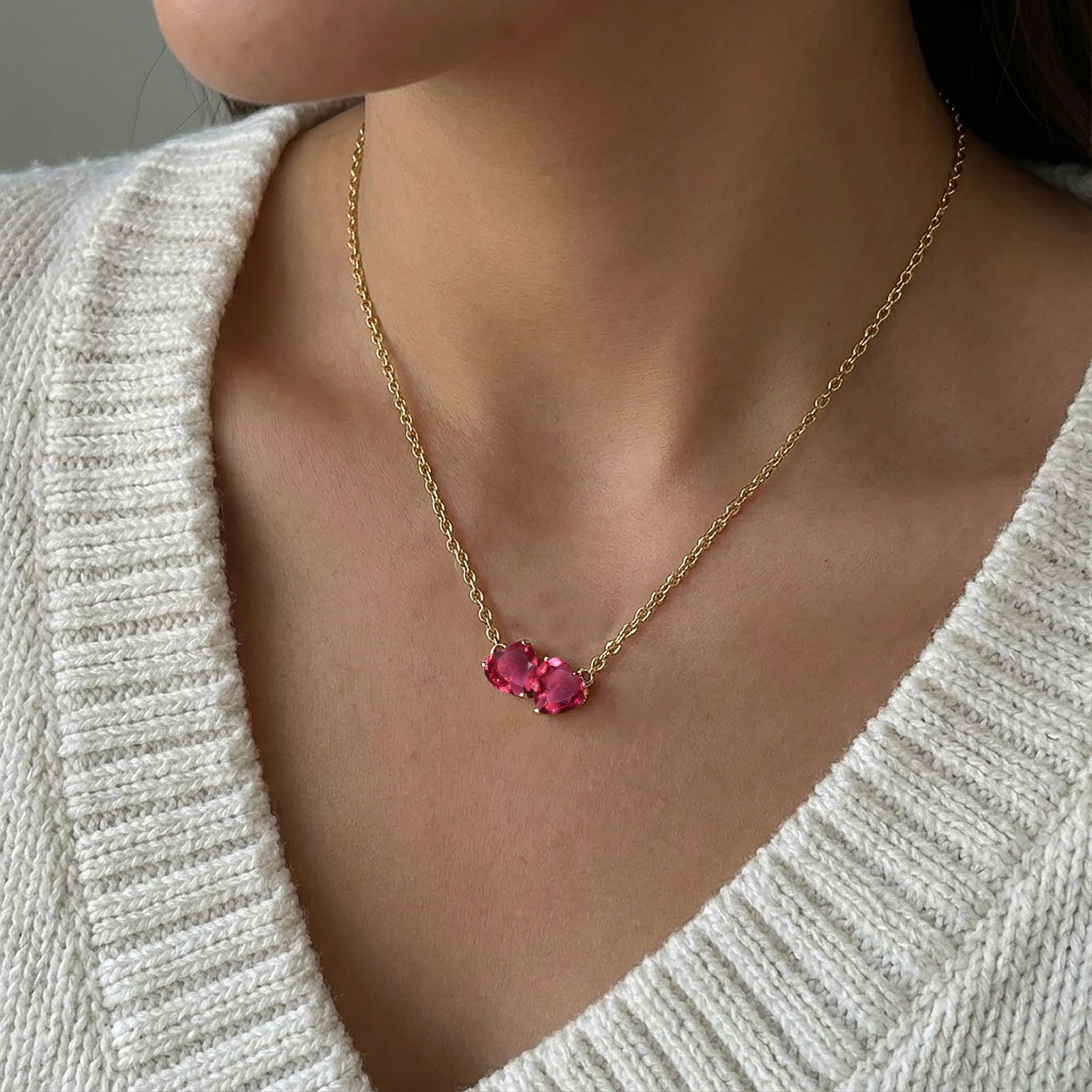 Pink Tourmaline Double Heart Pendant Necklace in 925 Sterling Silver 5 MM 1.3ct