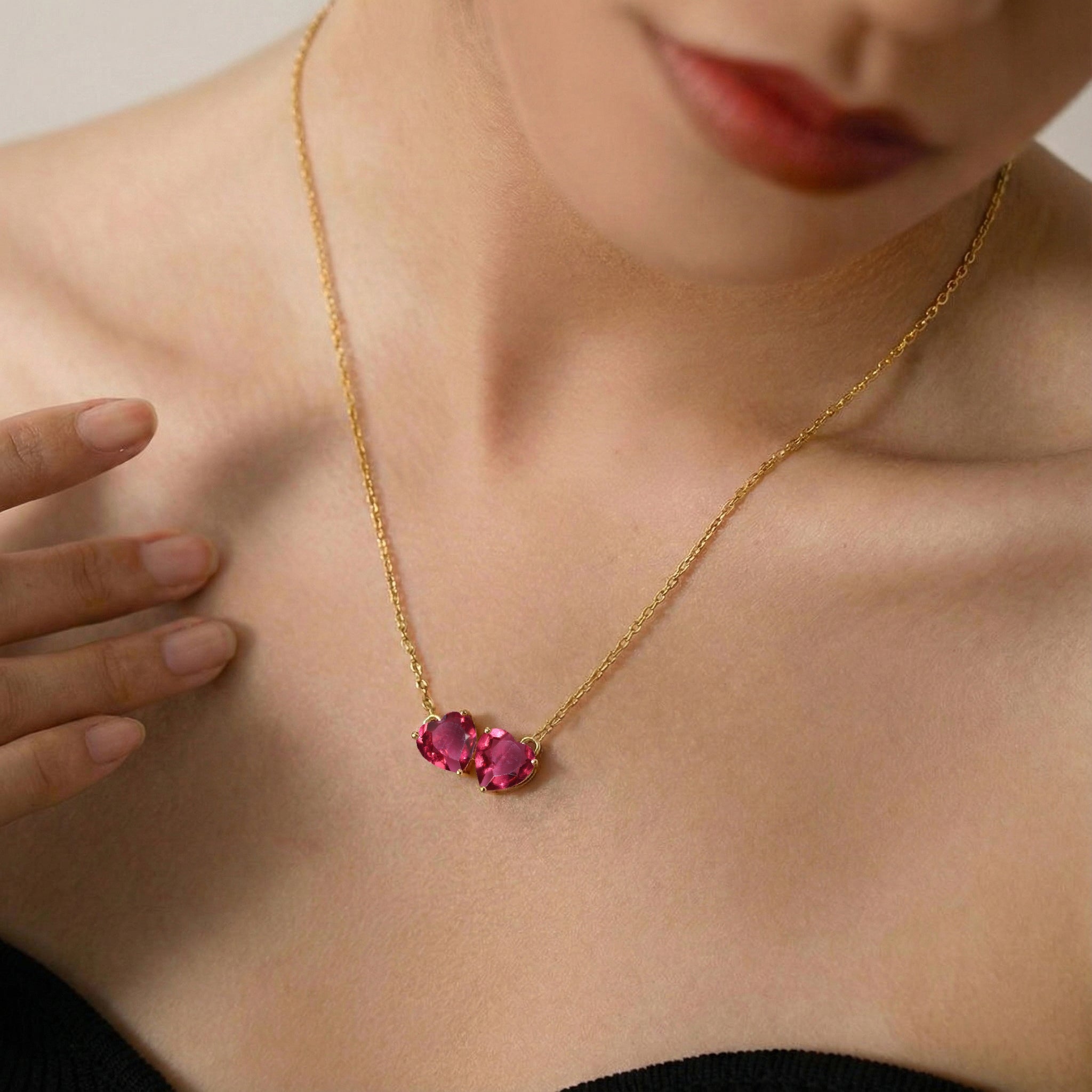 Pink Tourmaline Double Heart Pendant Necklace in 925 Sterling Silver 5 MM 1.3ct