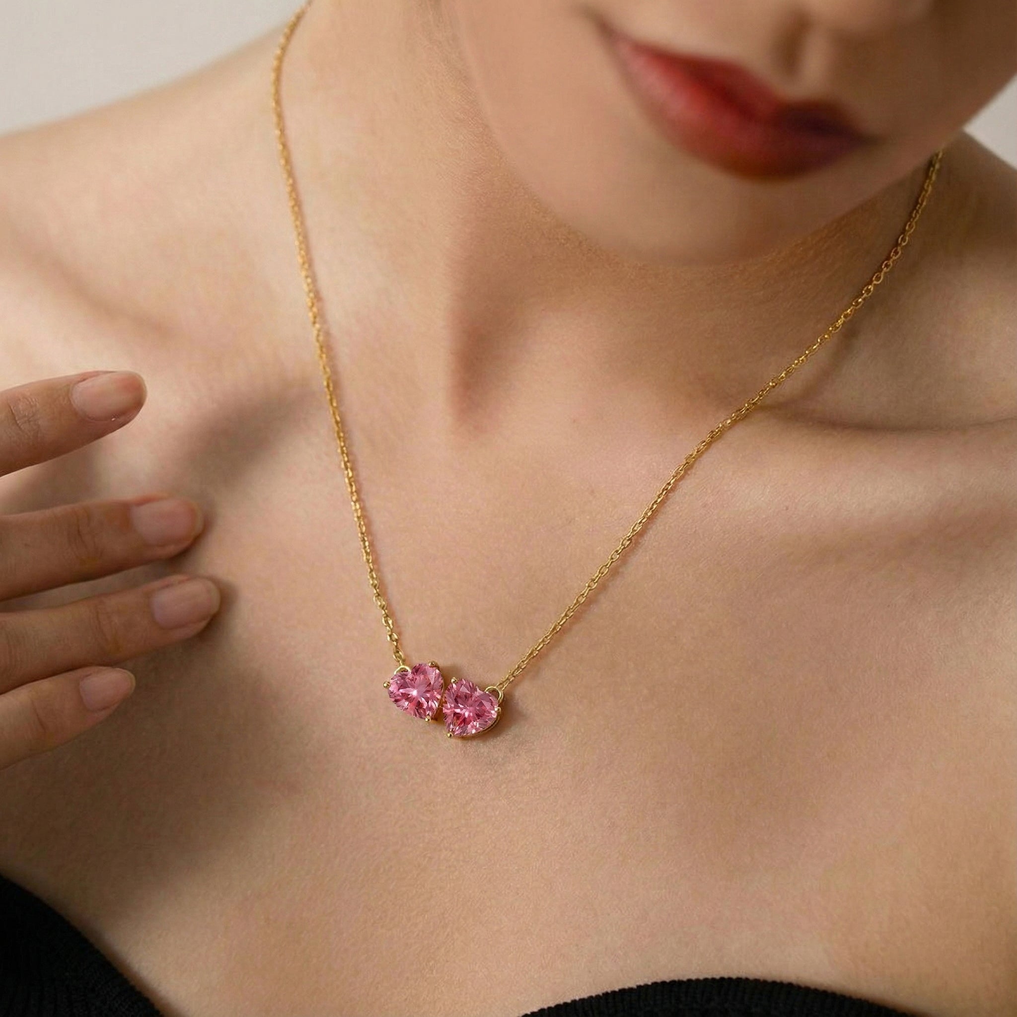 Pink Tourmaline Double Heart Pendant Necklace in Yellow Gold Plated 5 MM 1.3ct