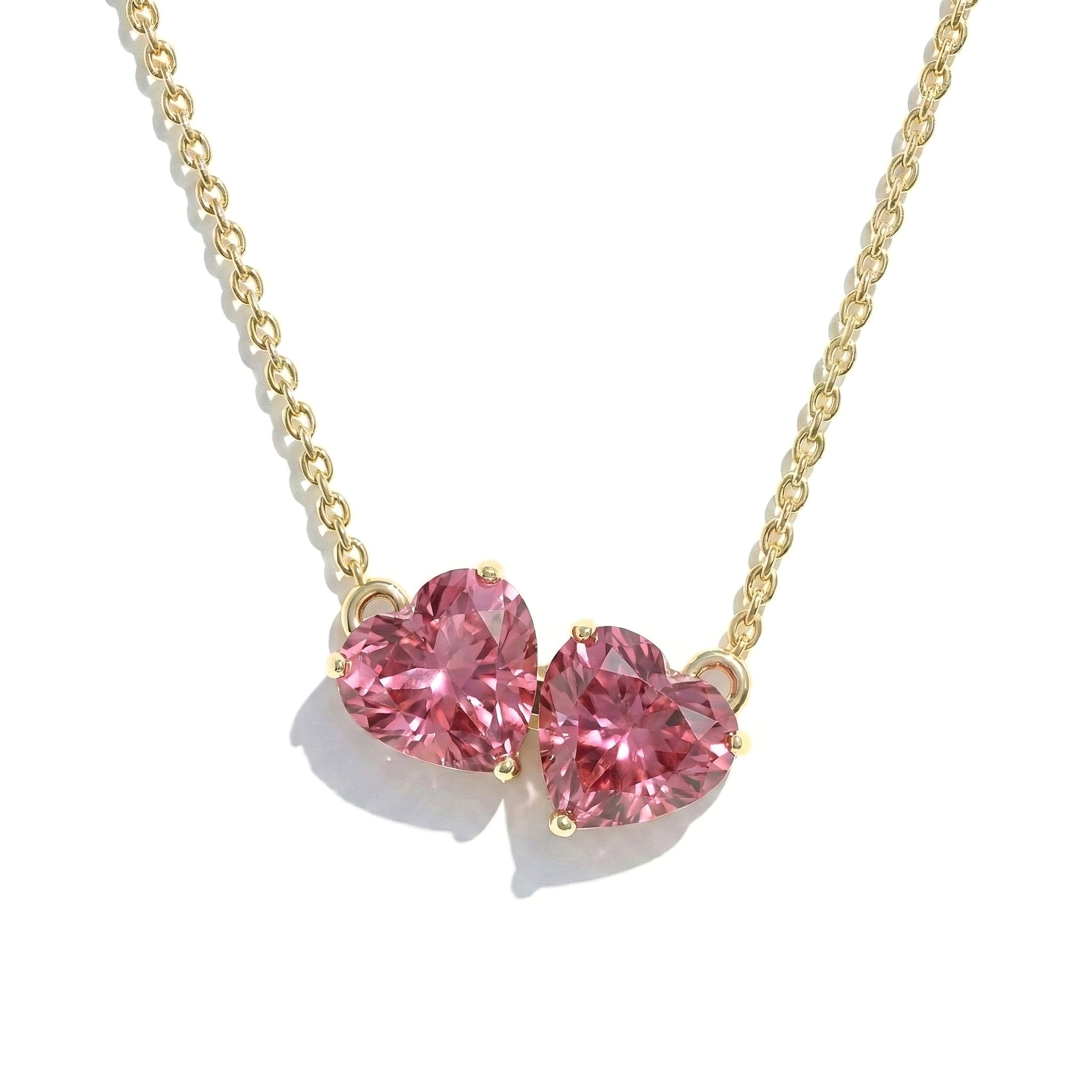Pink Tourmaline Double Heart Pendant Necklace in Yellow Gold Plated 5 MM 1.3ct