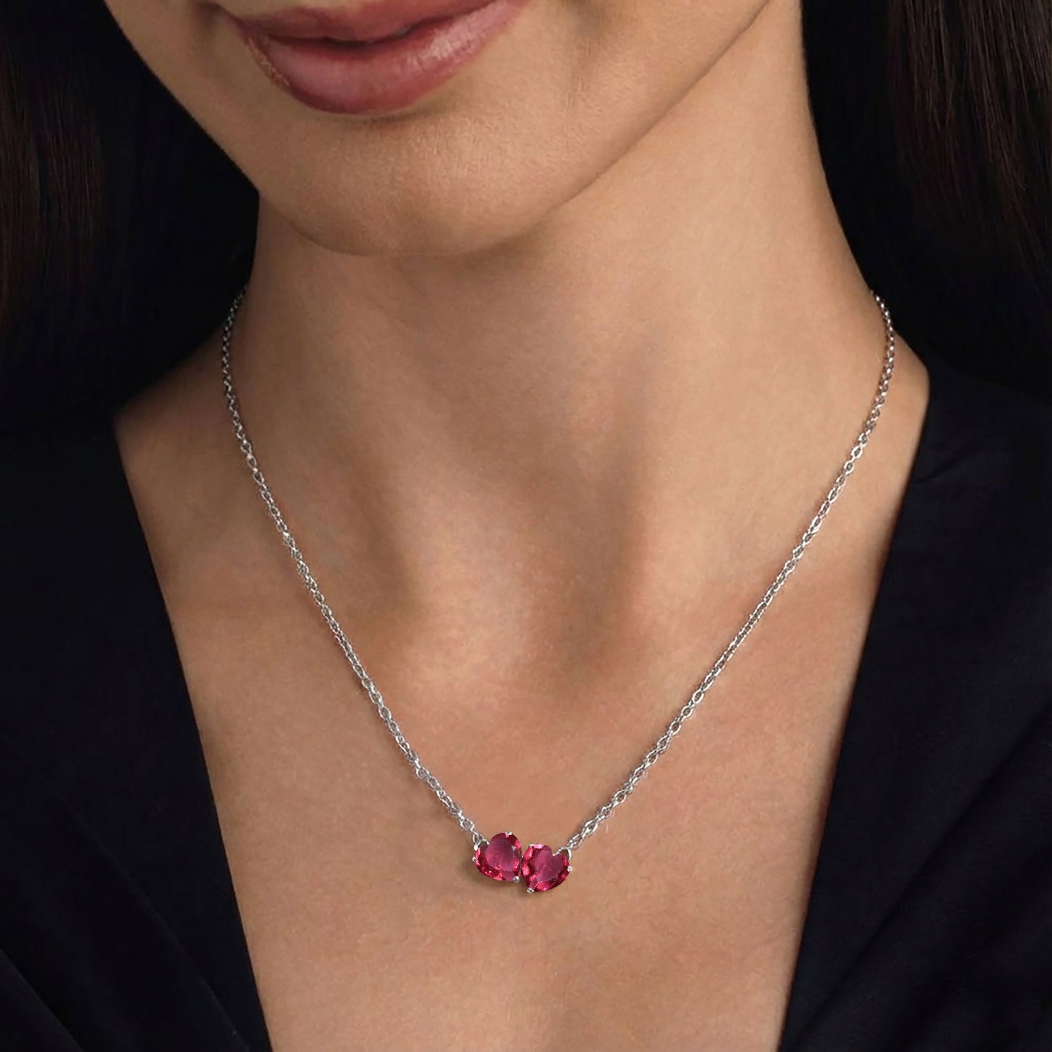 Pink Tourmaline Double Heart Pendant Necklace in 925 Sterling Silver 5 MM 1.3ct