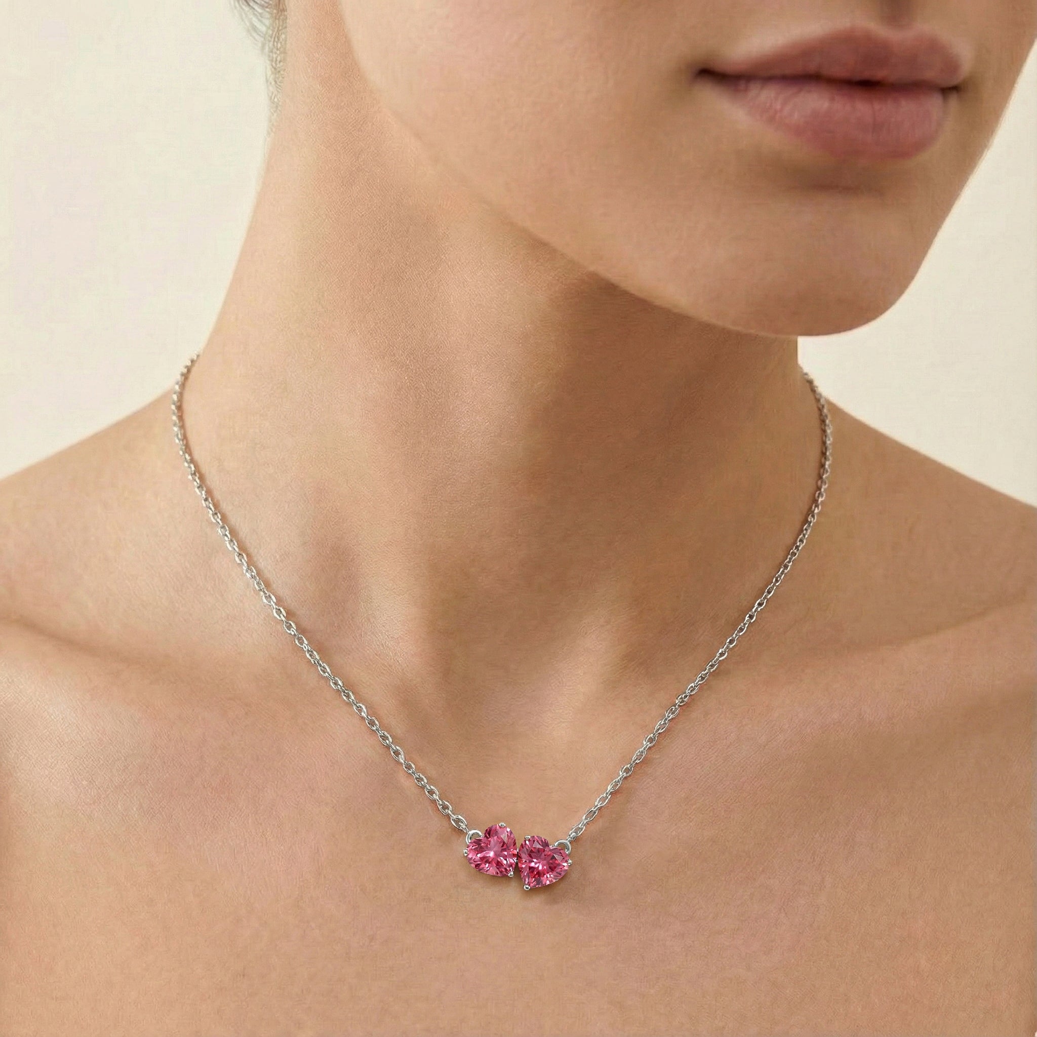 Pink Tourmaline Double Heart Pendant Necklace in 925 Sterling Silver 5 MM 1.3ct