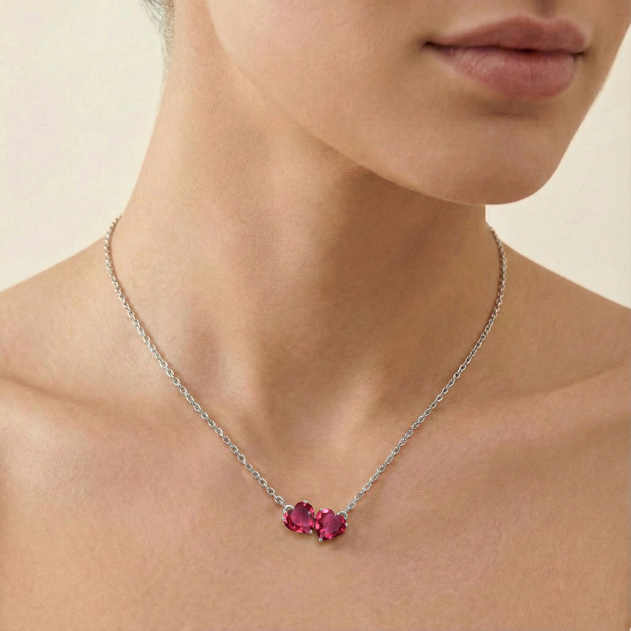 Pink Tourmaline Double Heart Pendant Necklace in 925 Sterling Silver 5 MM 1.3ct