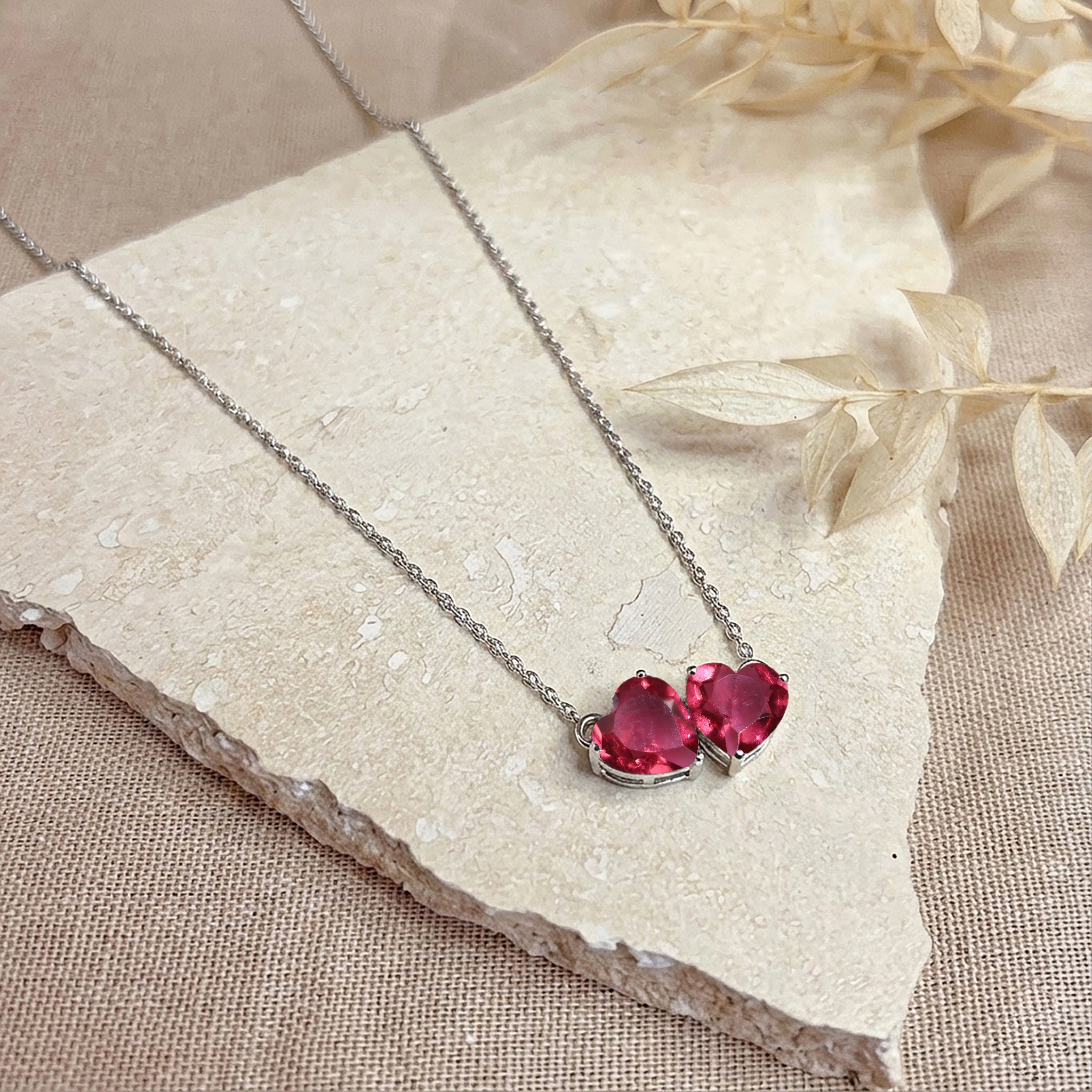 Pink Tourmaline Double Heart Pendant Necklace in 925 Sterling Silver 5 MM 1.3ct