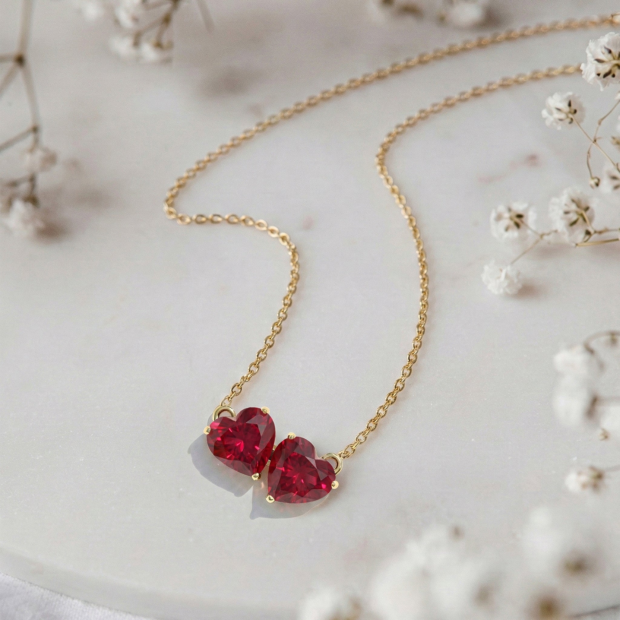 Ruby Double Heart Pendant Necklace in Yellow Gold Plated 5 MM 1.3ct