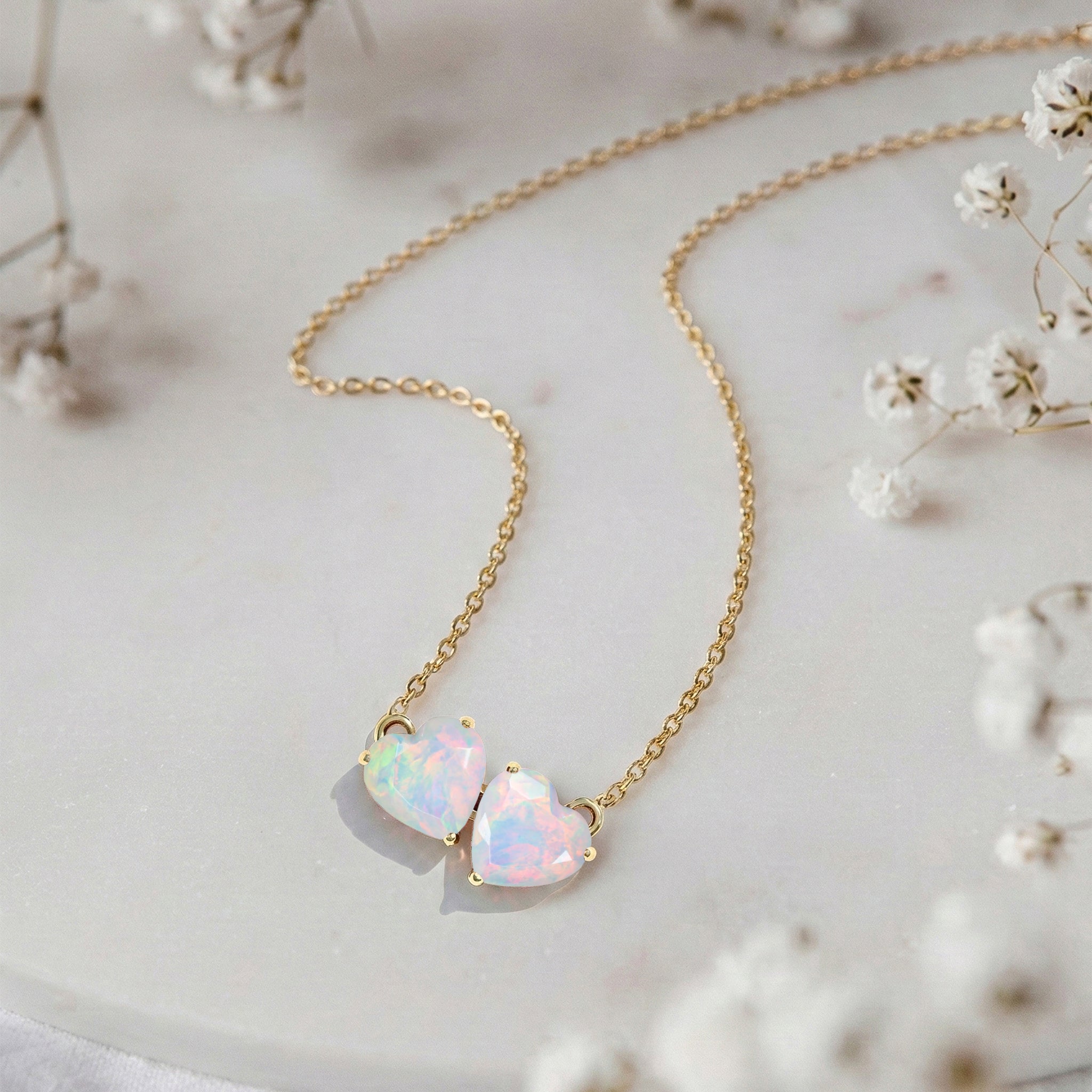 White Opal Double Heart Pendant Necklace in Yellow Gold Plated 5 MM 1.3ct