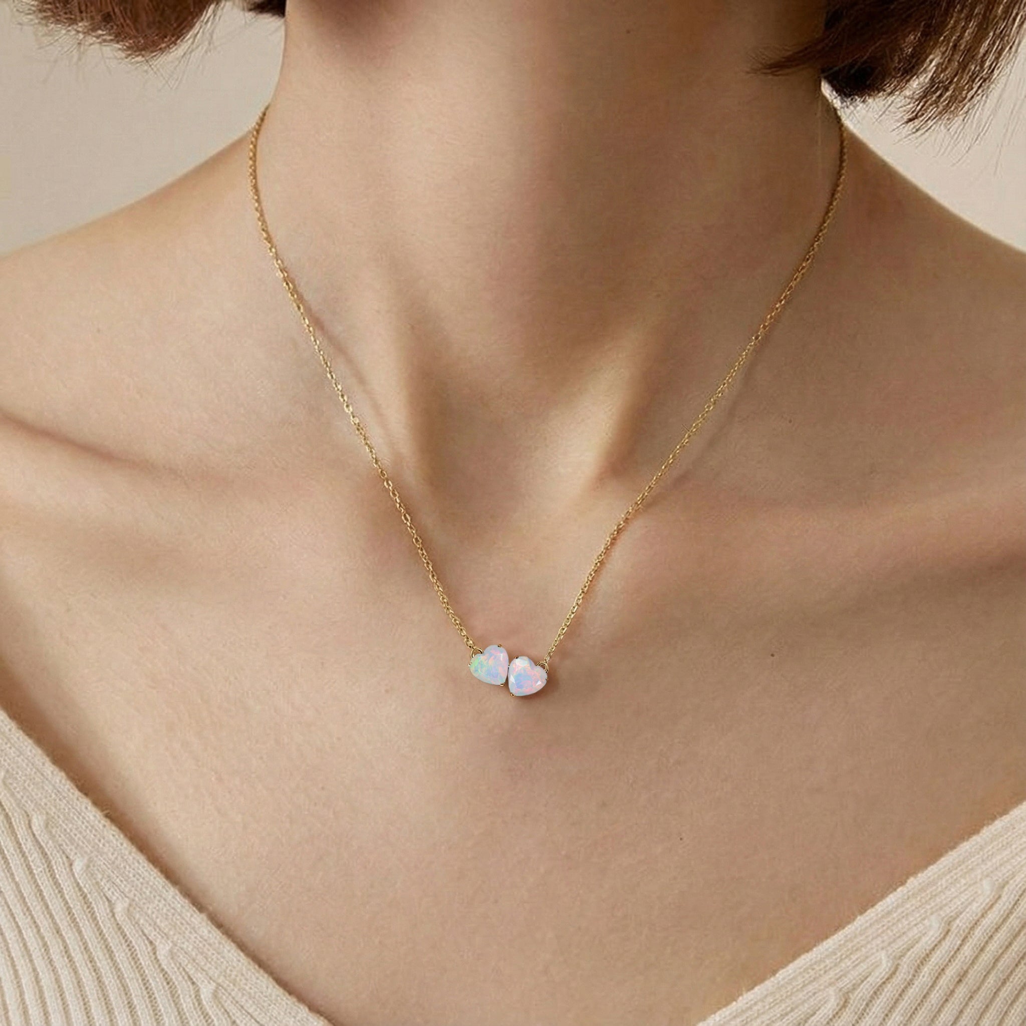 White Opal Double Heart Pendant Necklace in Yellow Gold Plated 5 MM 1.3ct