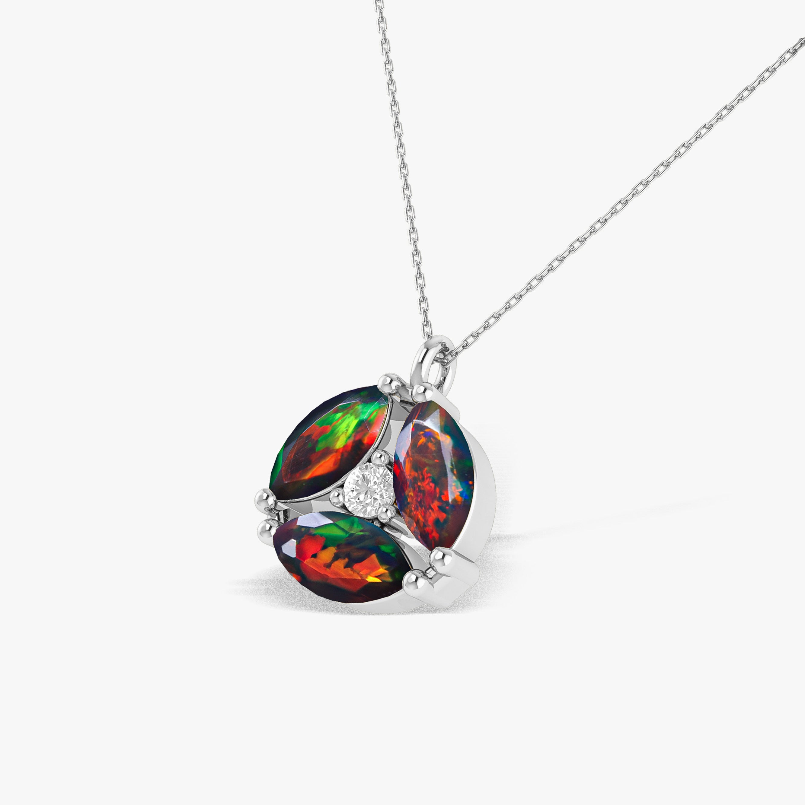 Fire Black Opal Three Stone Round Pendant
