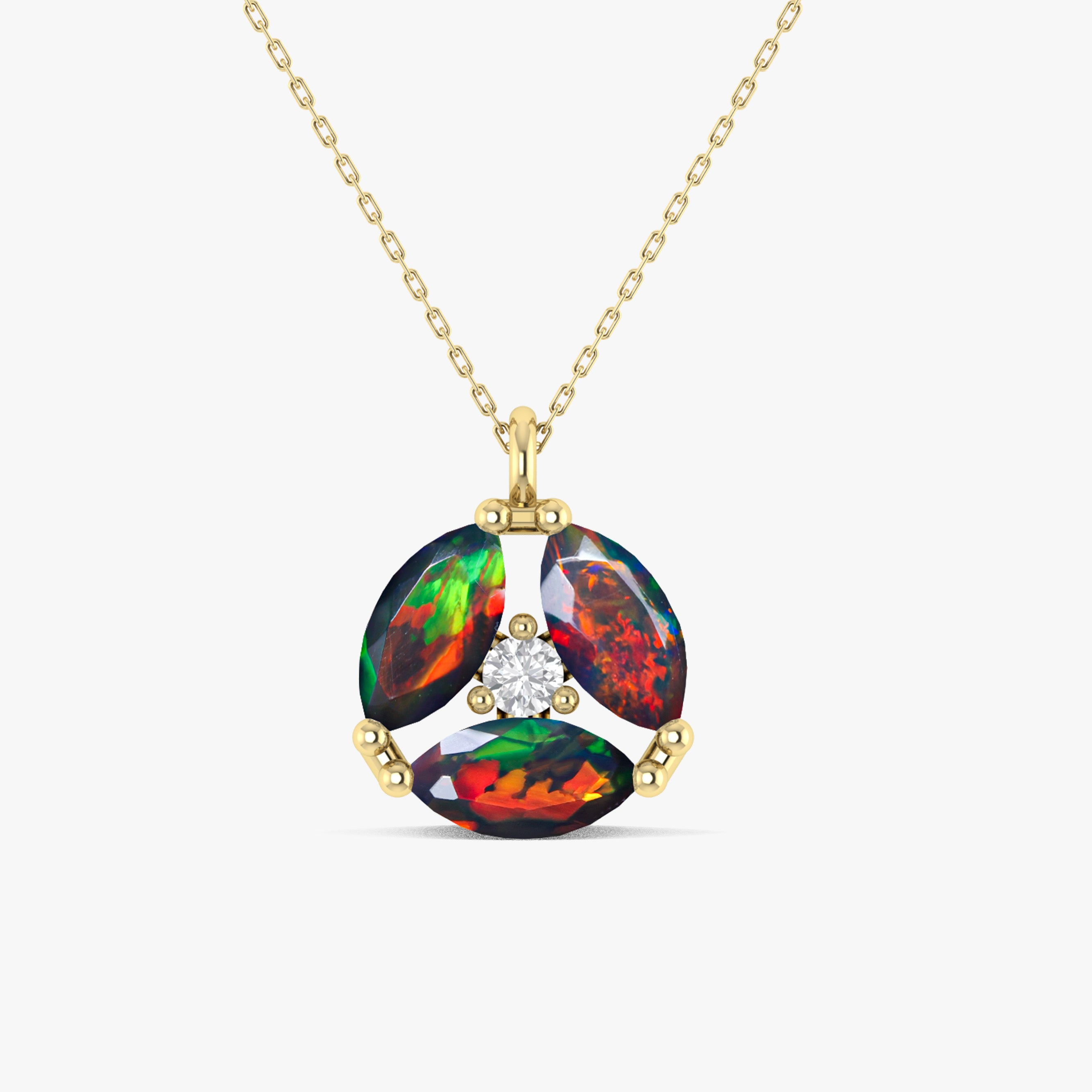 Fire Black Opal Three Stone Round Pendant