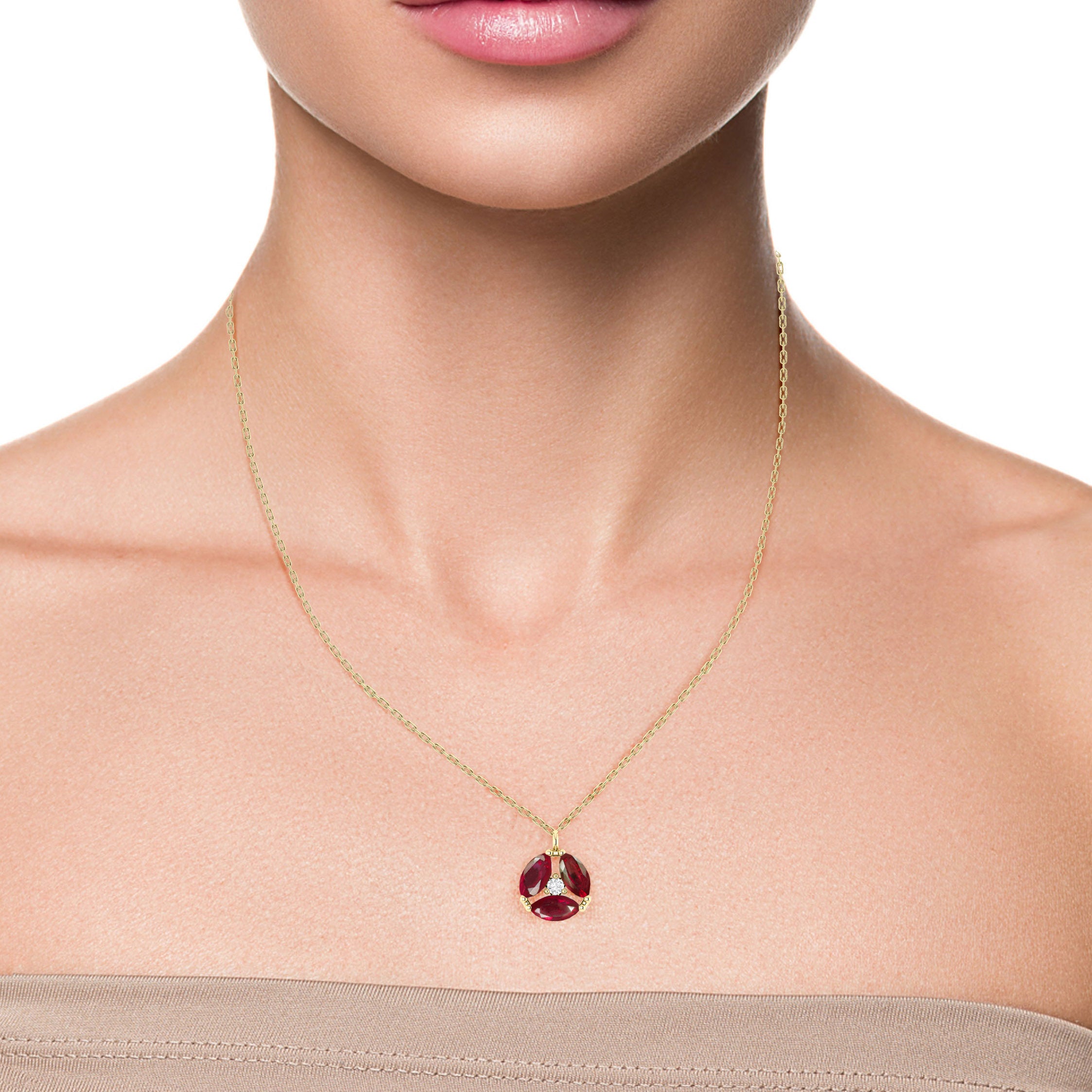 Genuine Red Ruby Three Stone Round Pendant