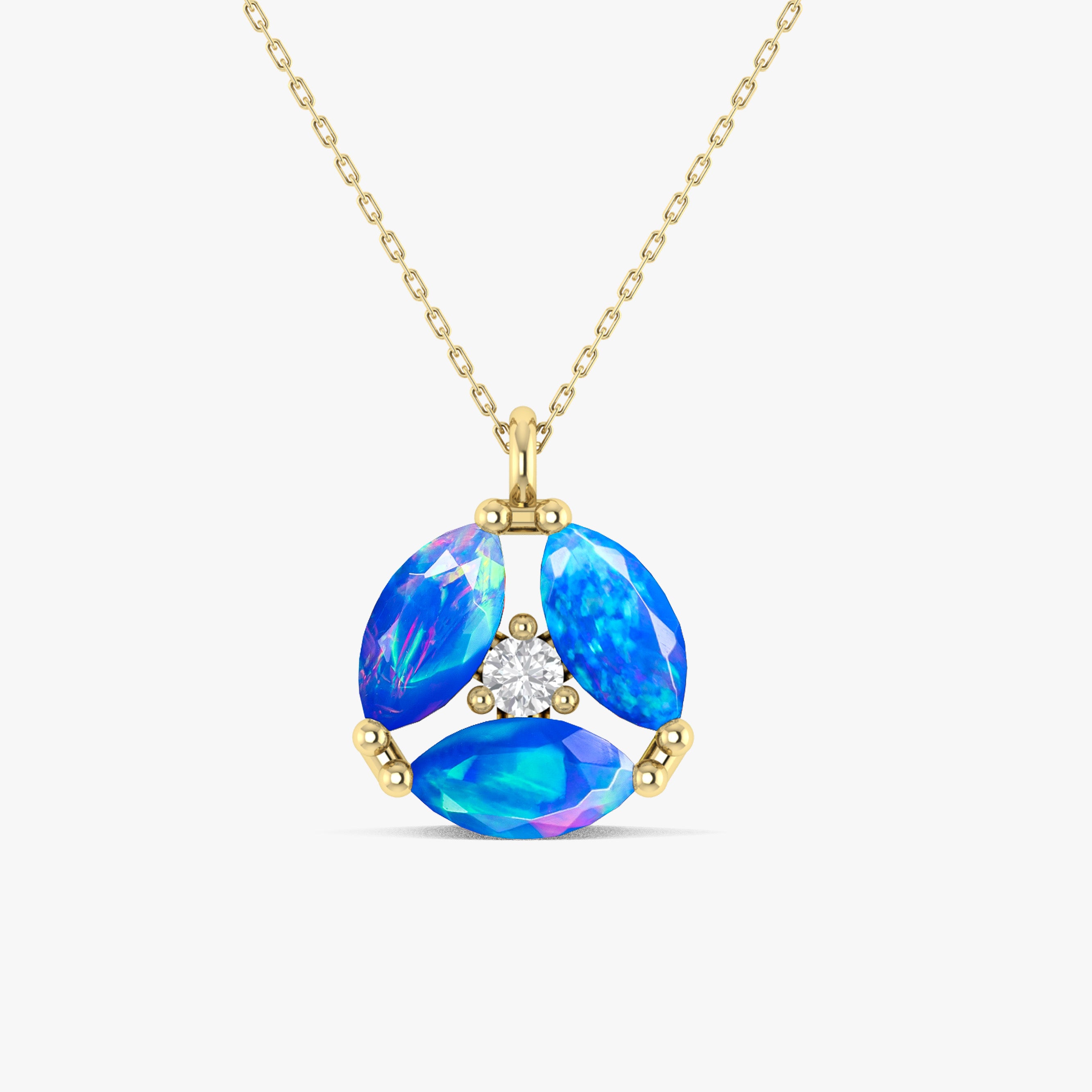 Fire Blue Opal Three Stone Round Pendant