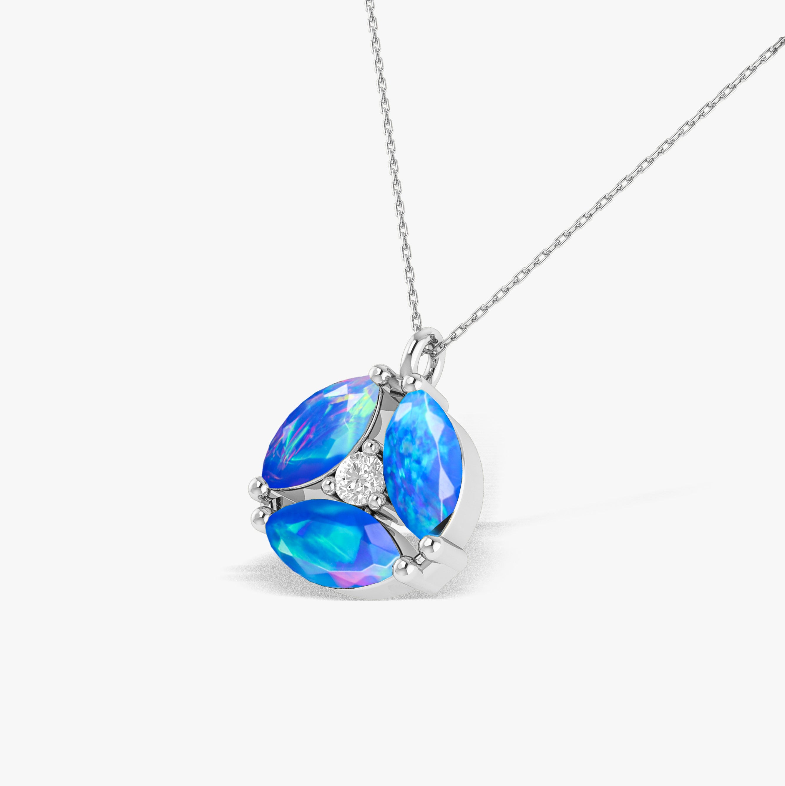 Fire Blue Opal Three Stone Round Pendant