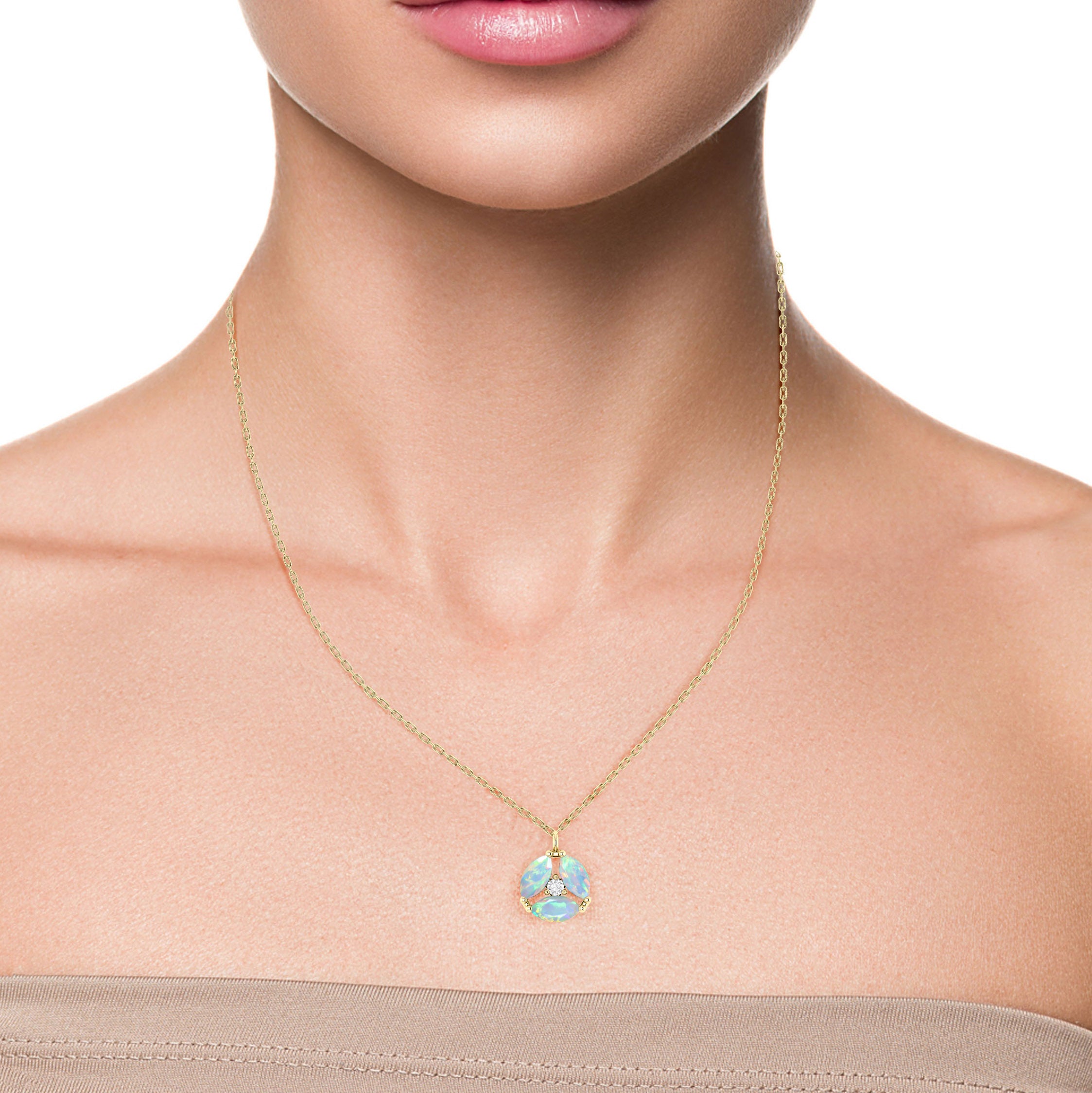 Fire White Opal Three Stone Round Pendant