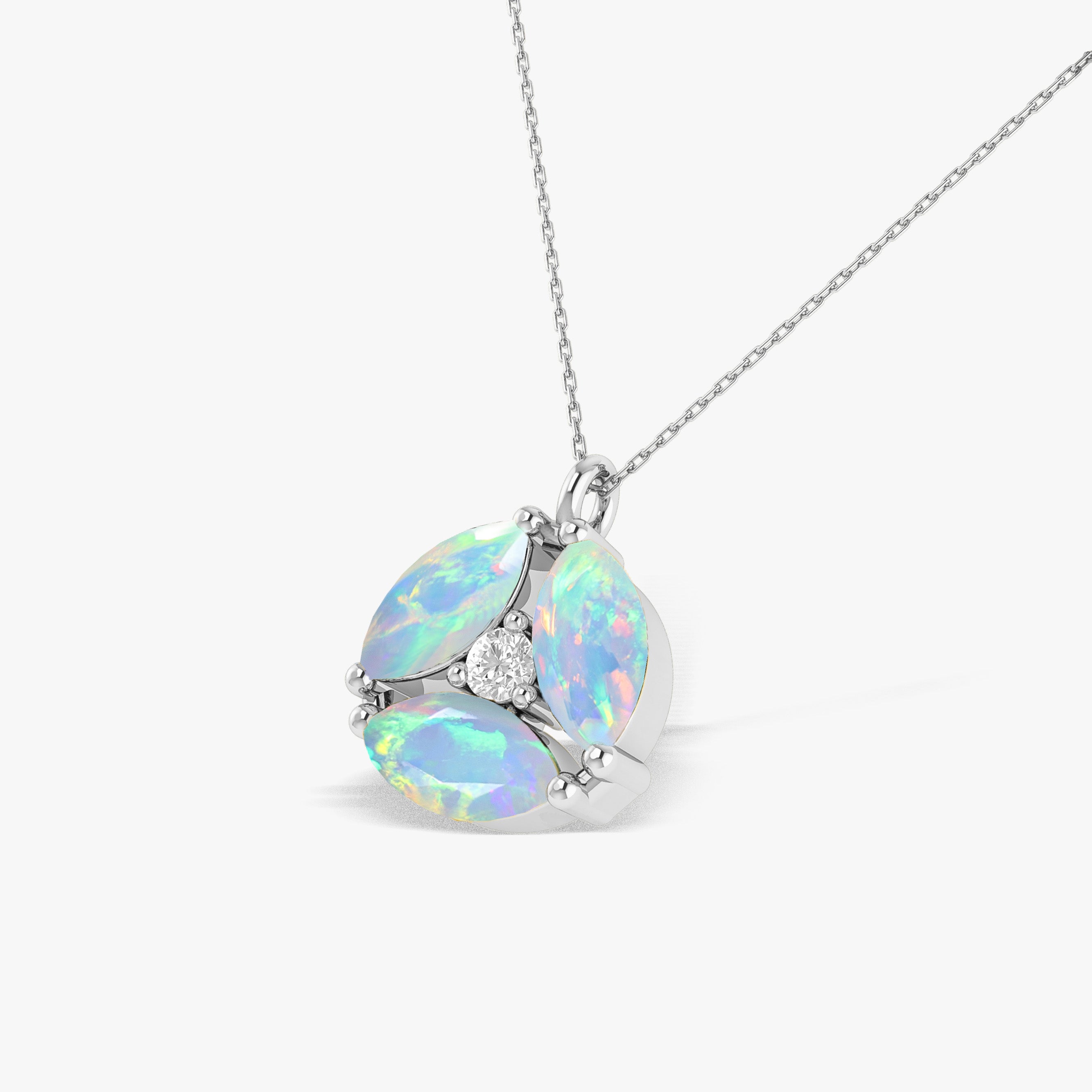 Fire White Opal Three Stone Round Pendant