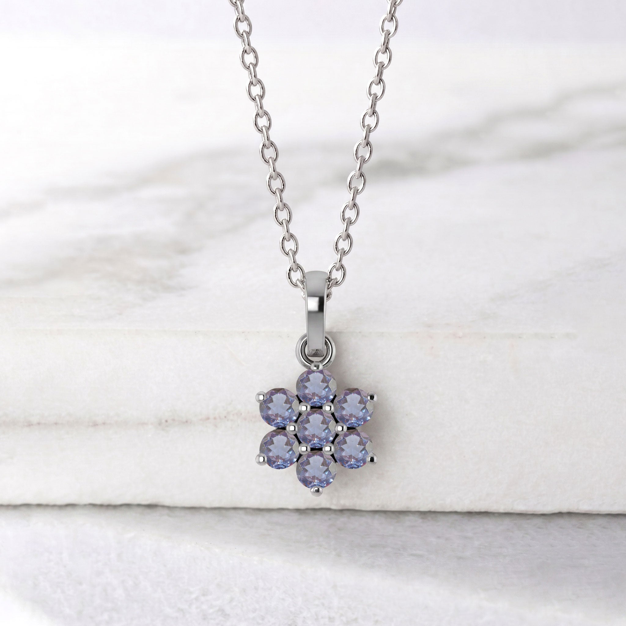 Elegant Alexandrite floral pendant necklace available in Sterling Silver or Yellow Gold Filled