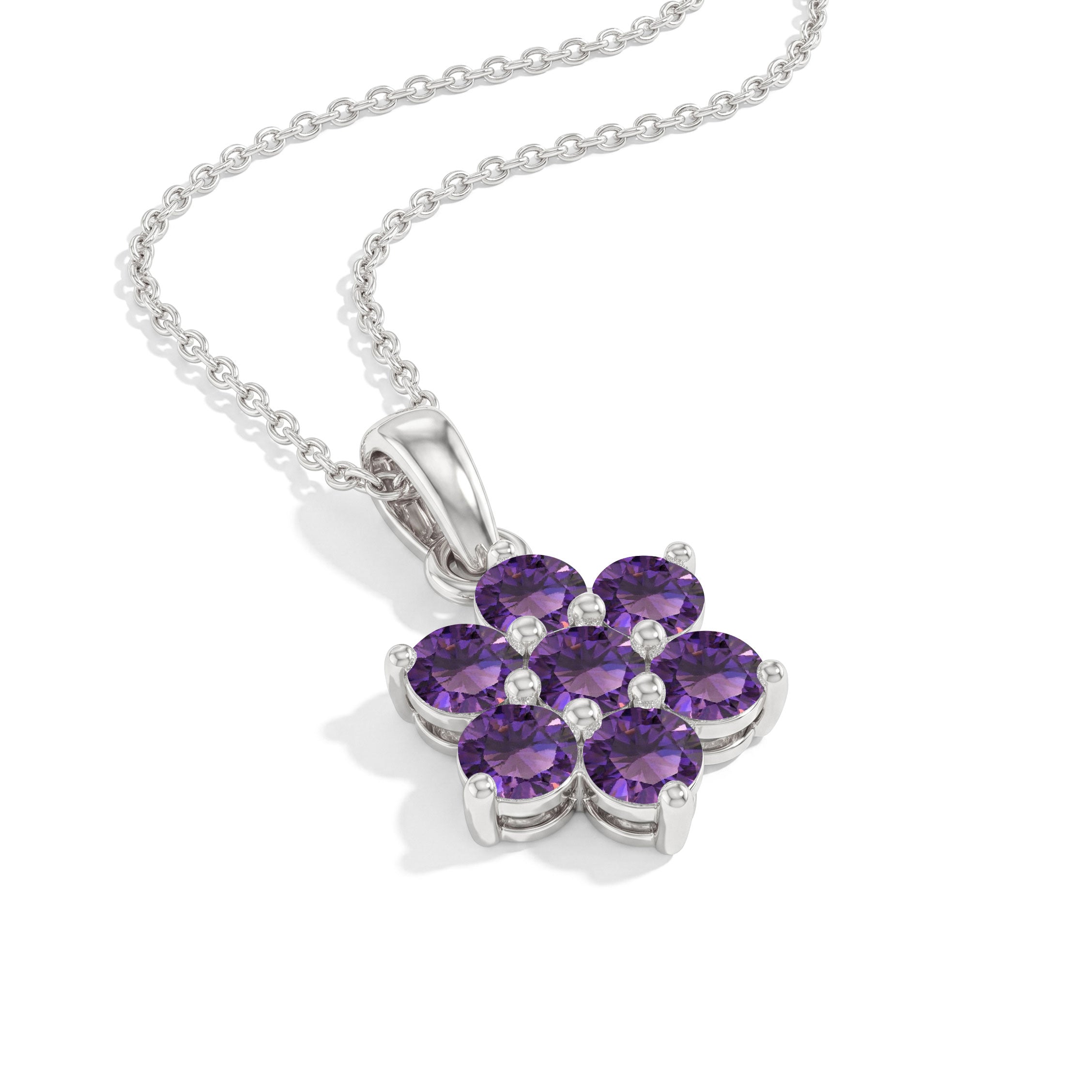 Adjustable Amethyst flower necklace with a 16 inch chain and 2 inch extender for a comfortable fit