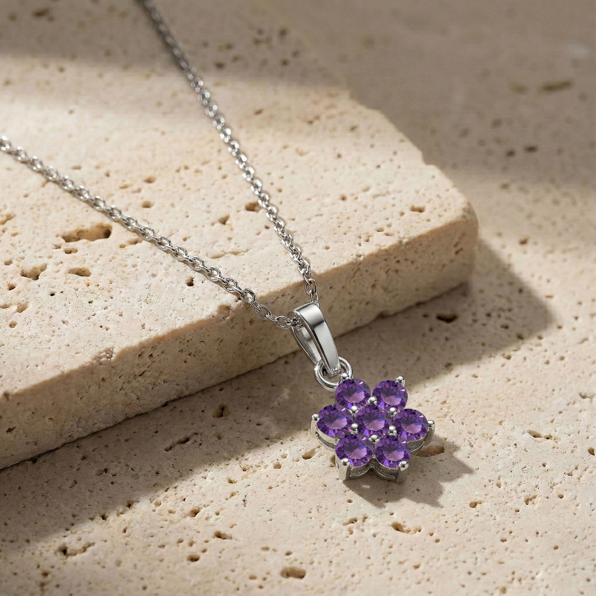 Yellow gold filled Amethyst flower pendant necklace with sparkling purple gemstones for women