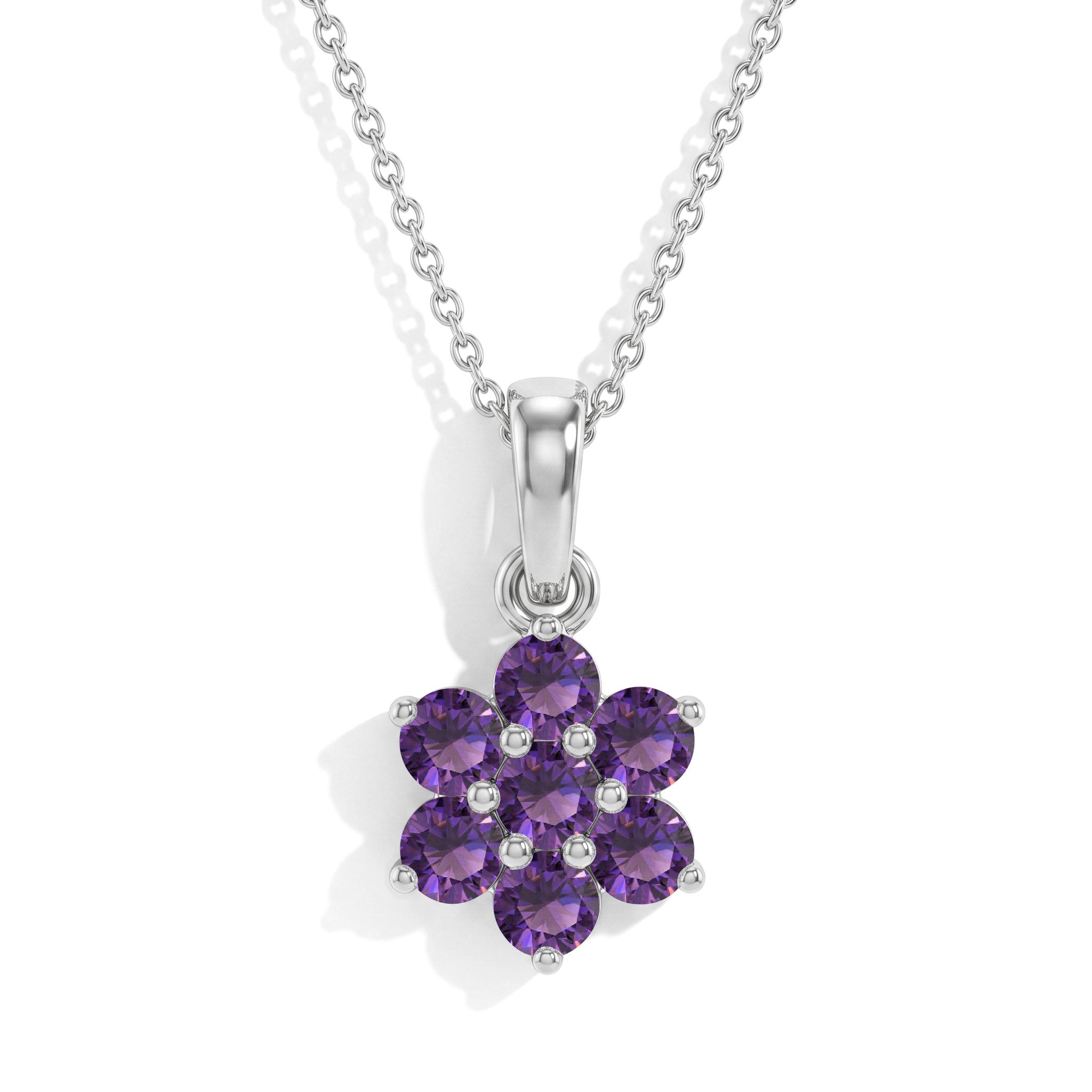 "Natural Amethyst birthstone flower necklace crafted in 925 sterling silver with seven round purple gemstones