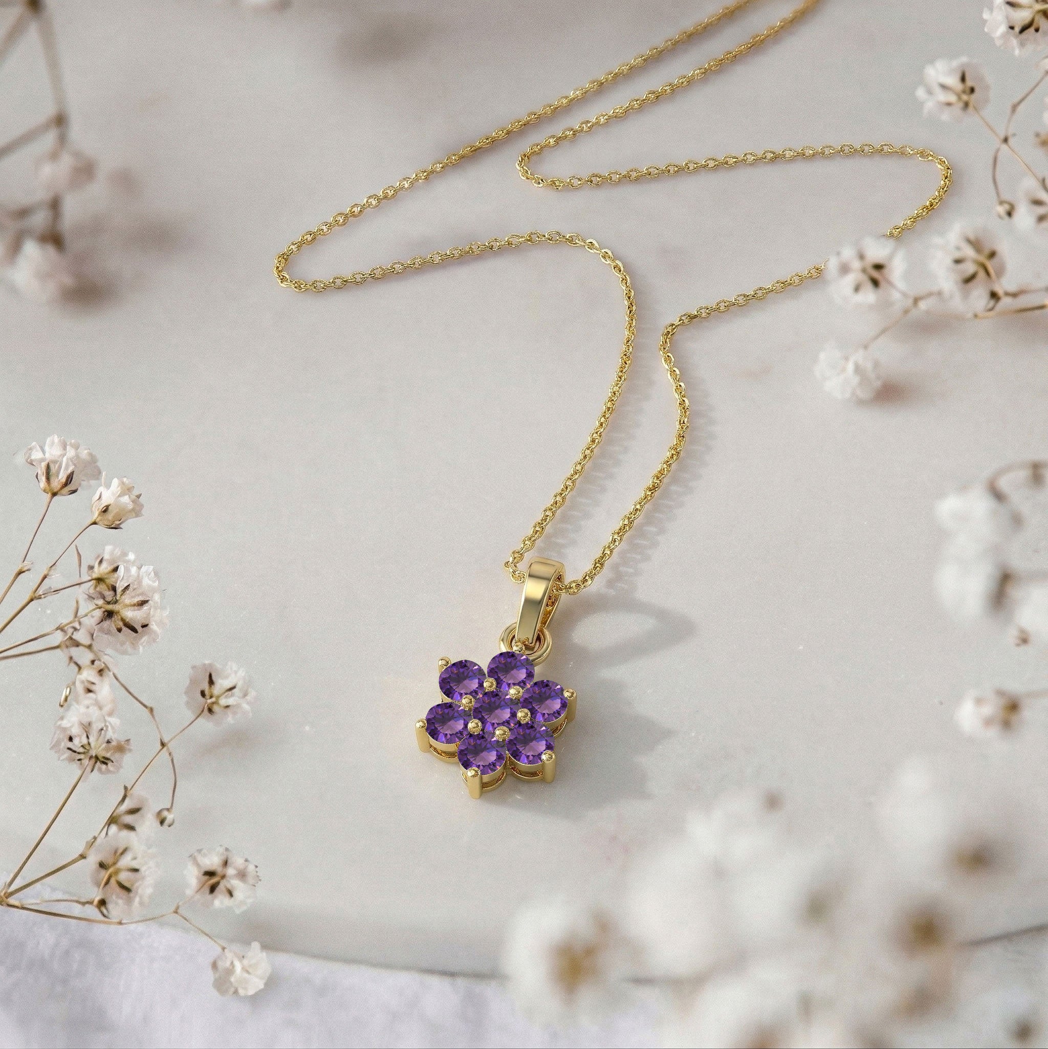 Luxury February birthstone necklace with genuine Amethyst gemstones and yellow gold filled finish