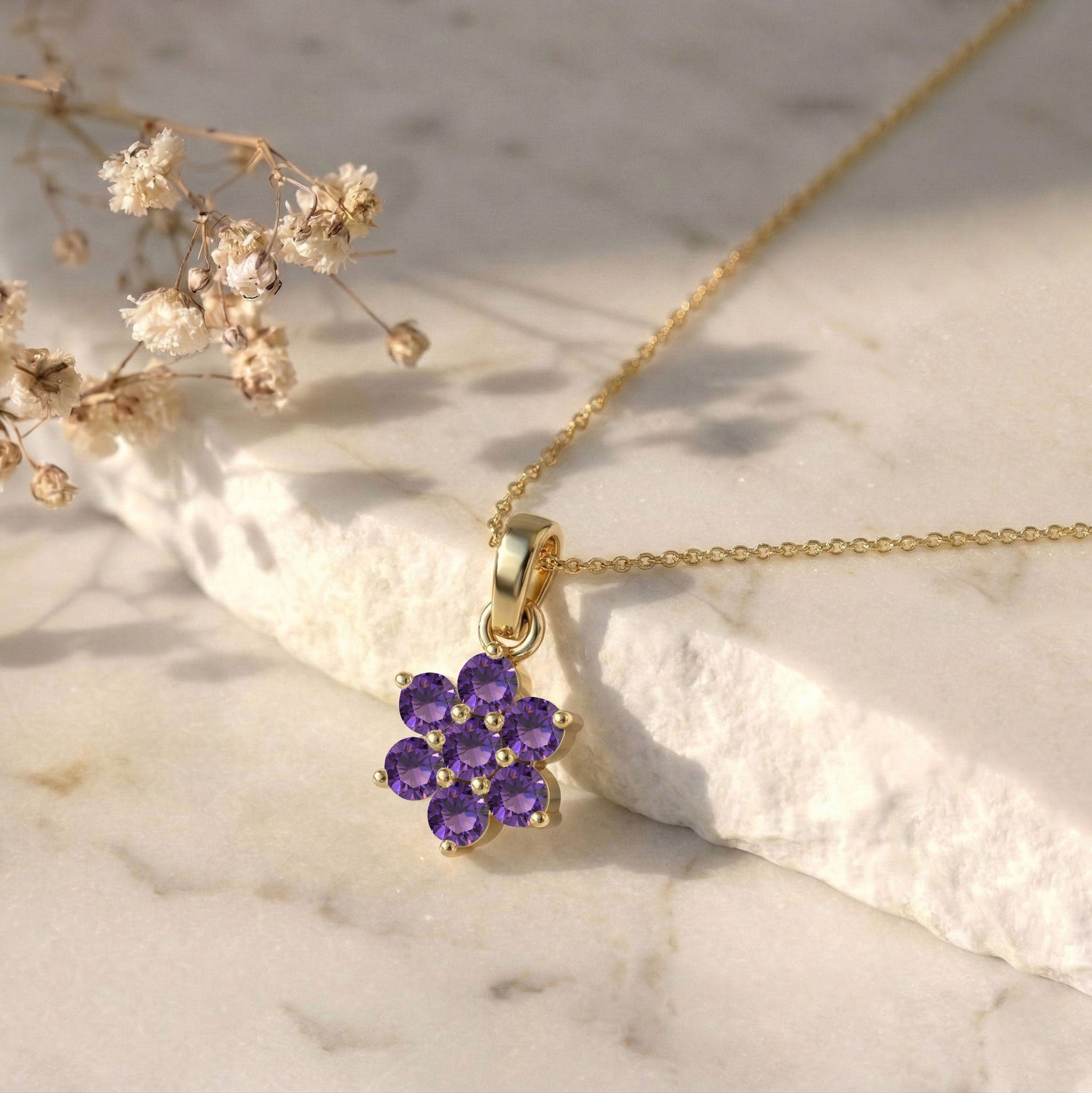 Natural purple Amethyst gemstone necklace with a feminine floral pendant for women