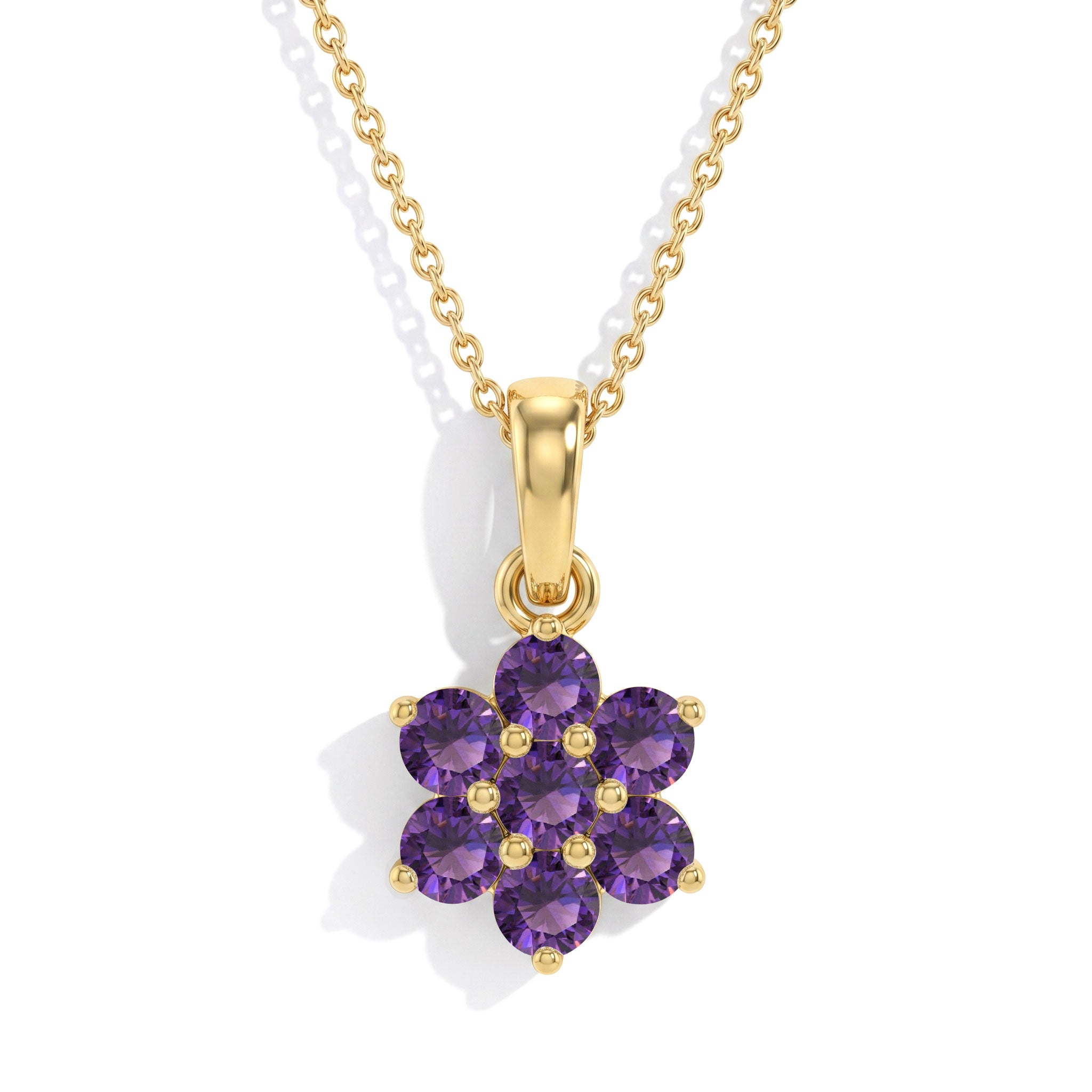 Elegant purple gemstone necklace featuring a flower pendant in sterling silver and yellow gold filled