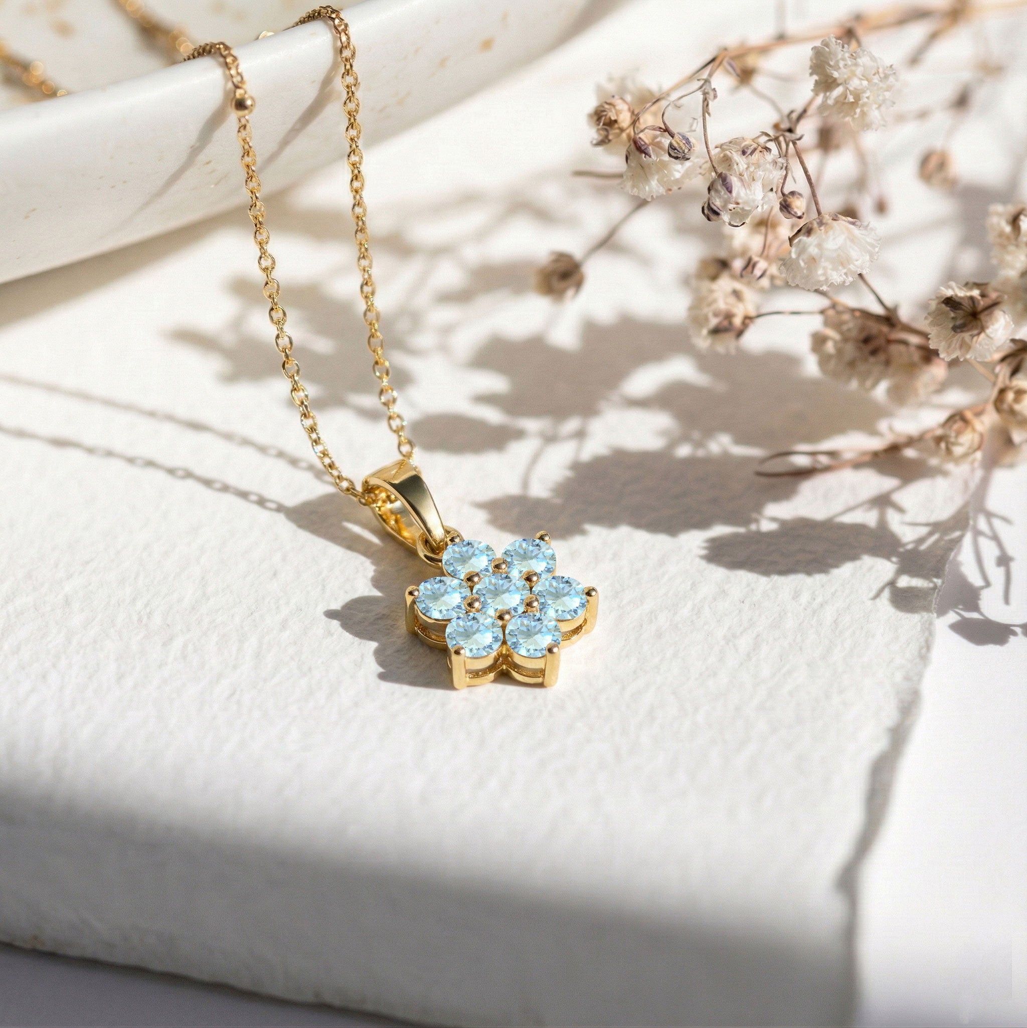 Women's Aquamarine necklace available in 925 Sterling Silver and Yellow Gold Filled.