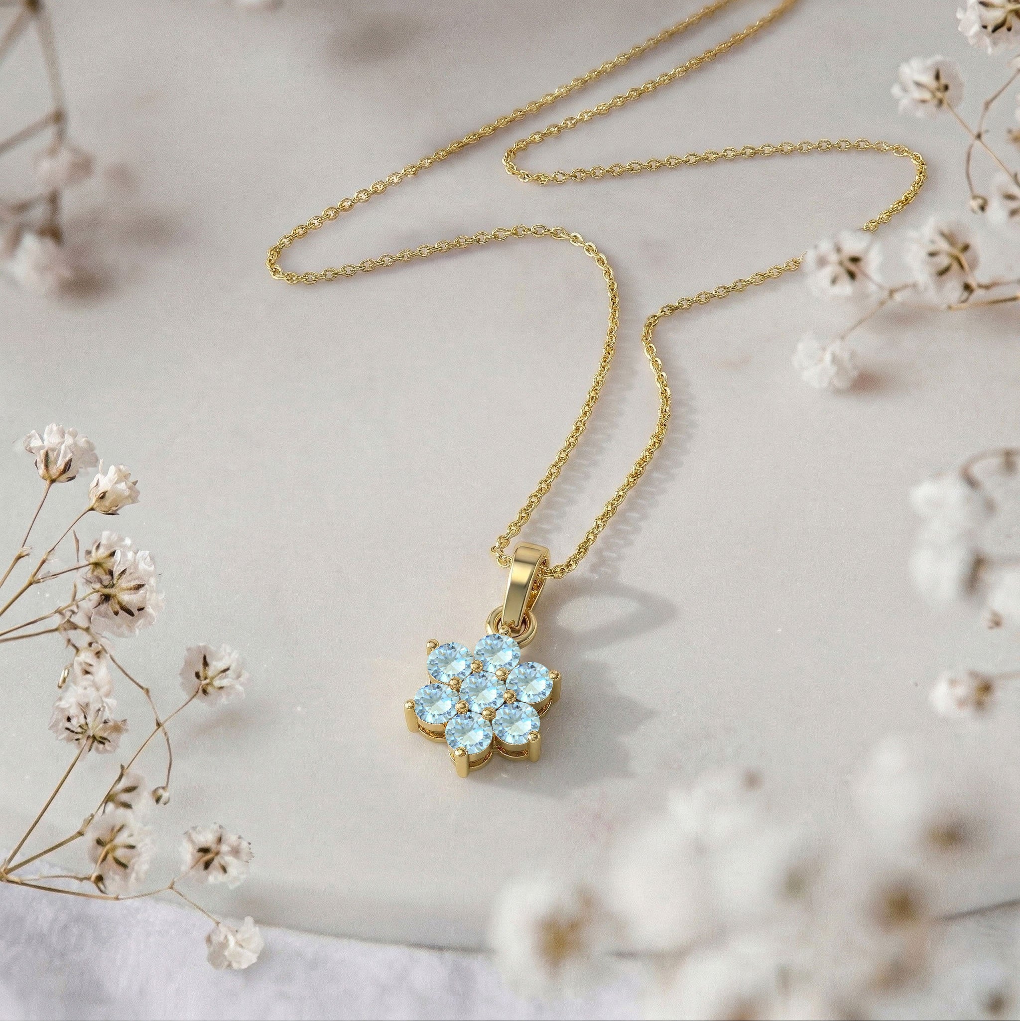 Luxury March birthstone Aquamarine flower pendant necklace gift for her.