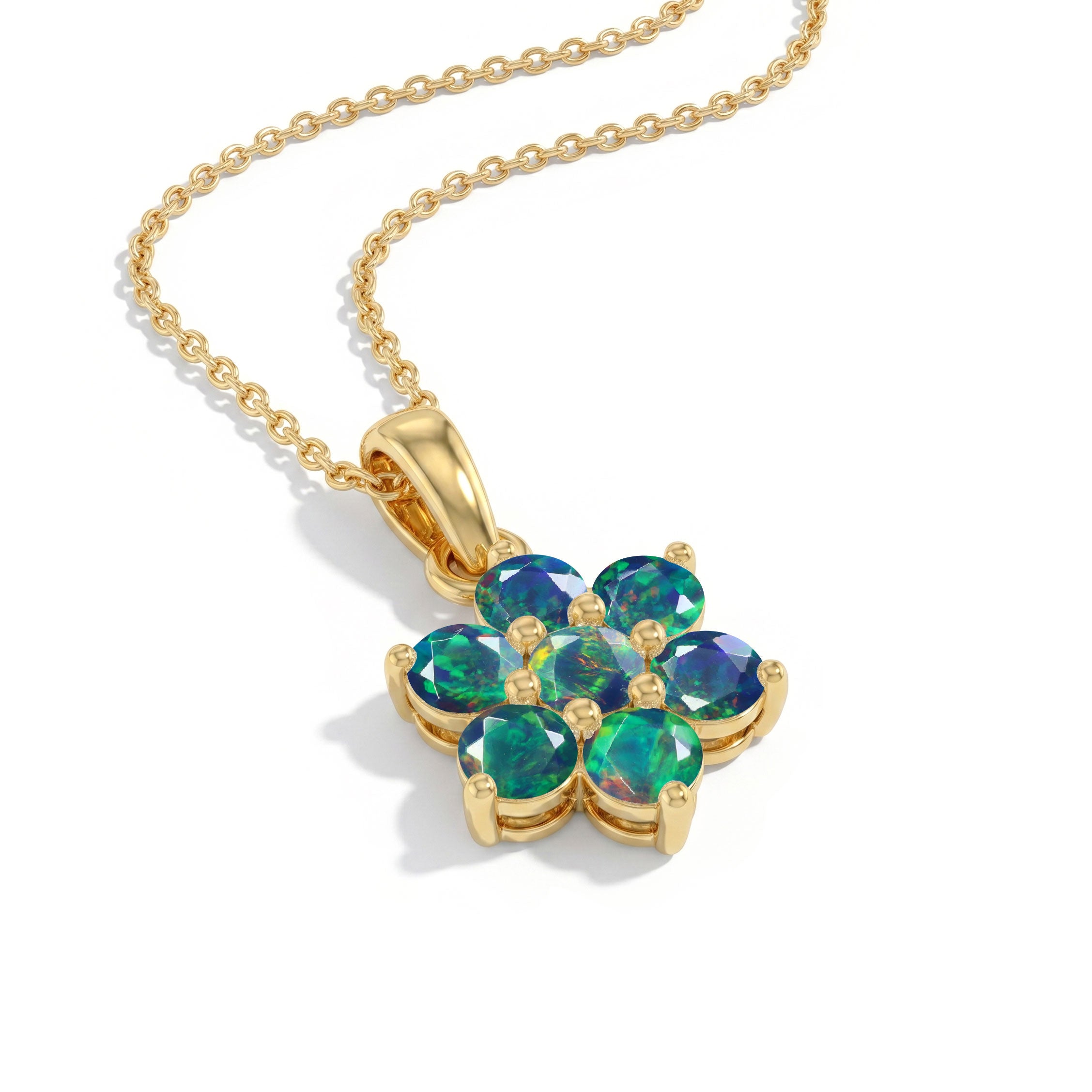 Handmade October birthstone Black Opal necklace with elegant flower design.