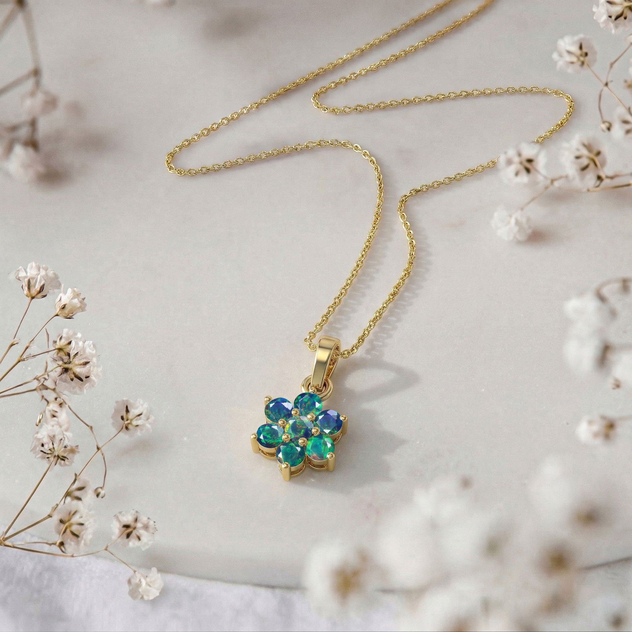 Luxury October birthstone Black Opal flower pendant necklace gift for her.