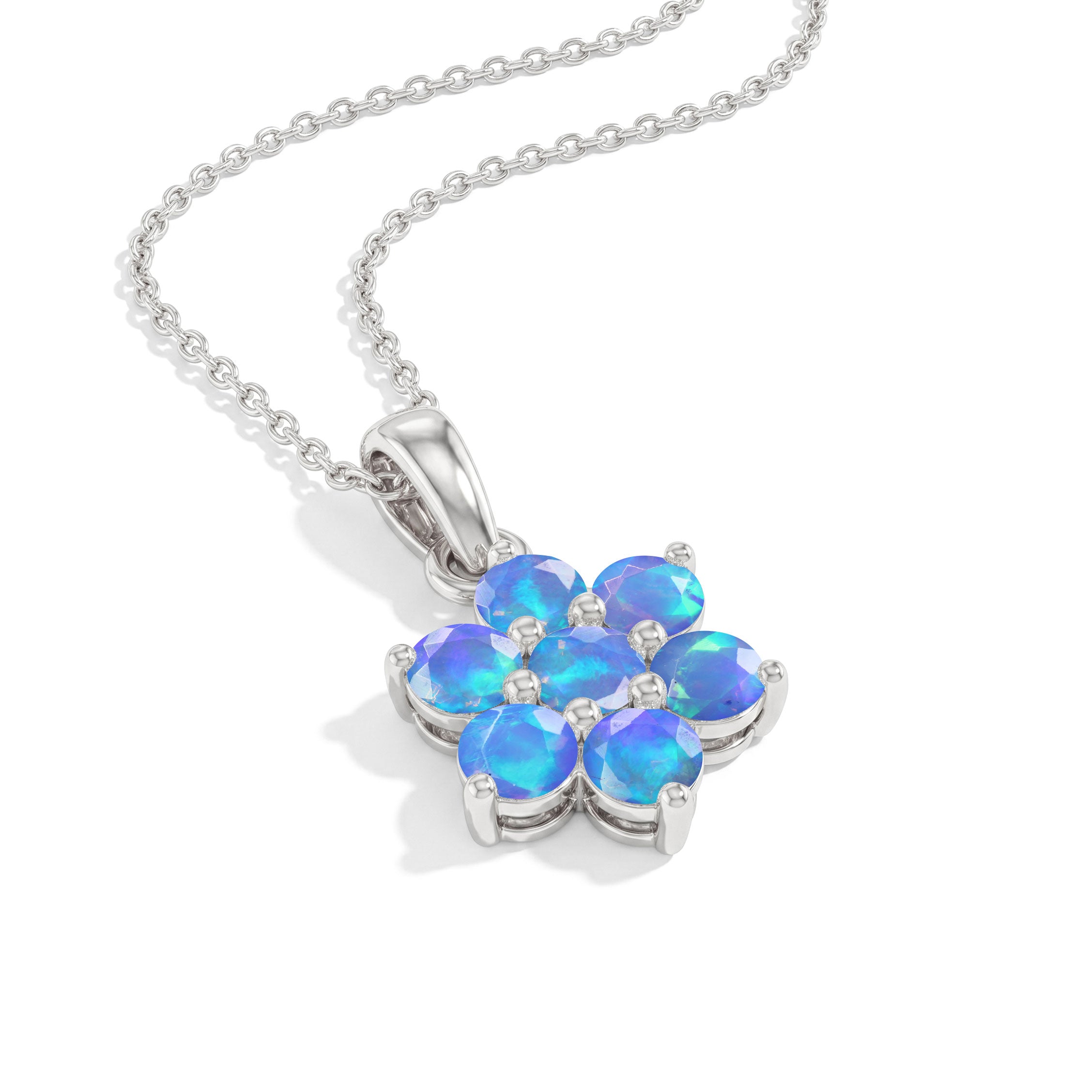 Sterling Silver Blue Opal pendant necklace with elegant floral gemstone setting.