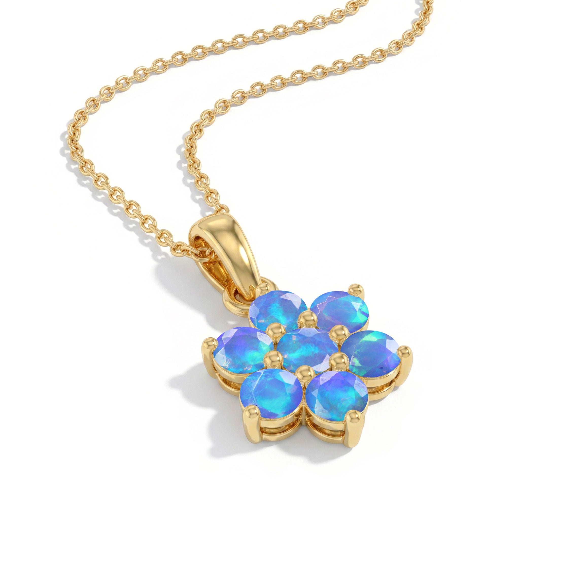 Yellow Gold Filled Blue Opal floral pendant showcasing ocean blue gemstone tones.