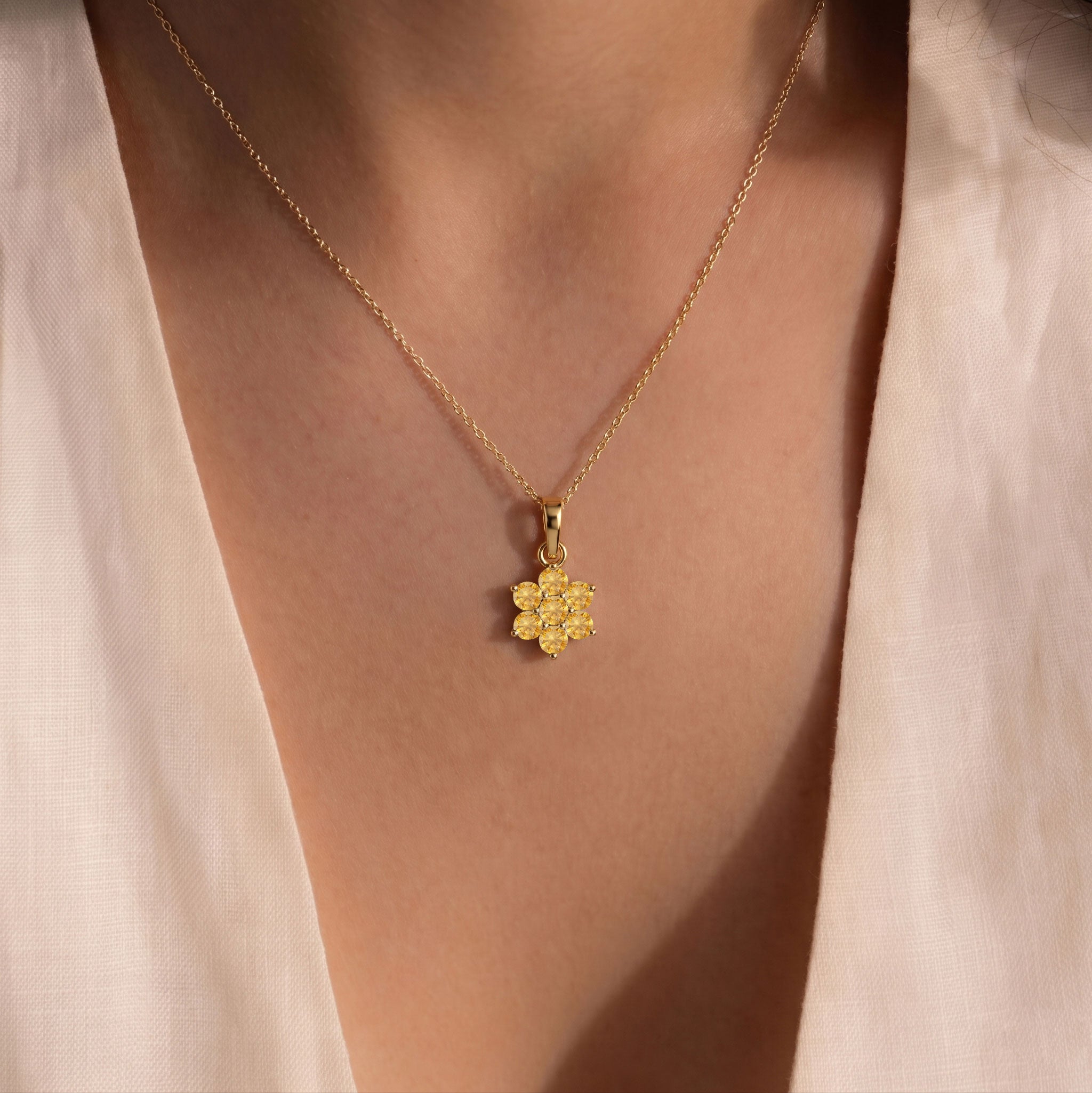 Dainty citrine flower pendant necklace with sterling silver chain