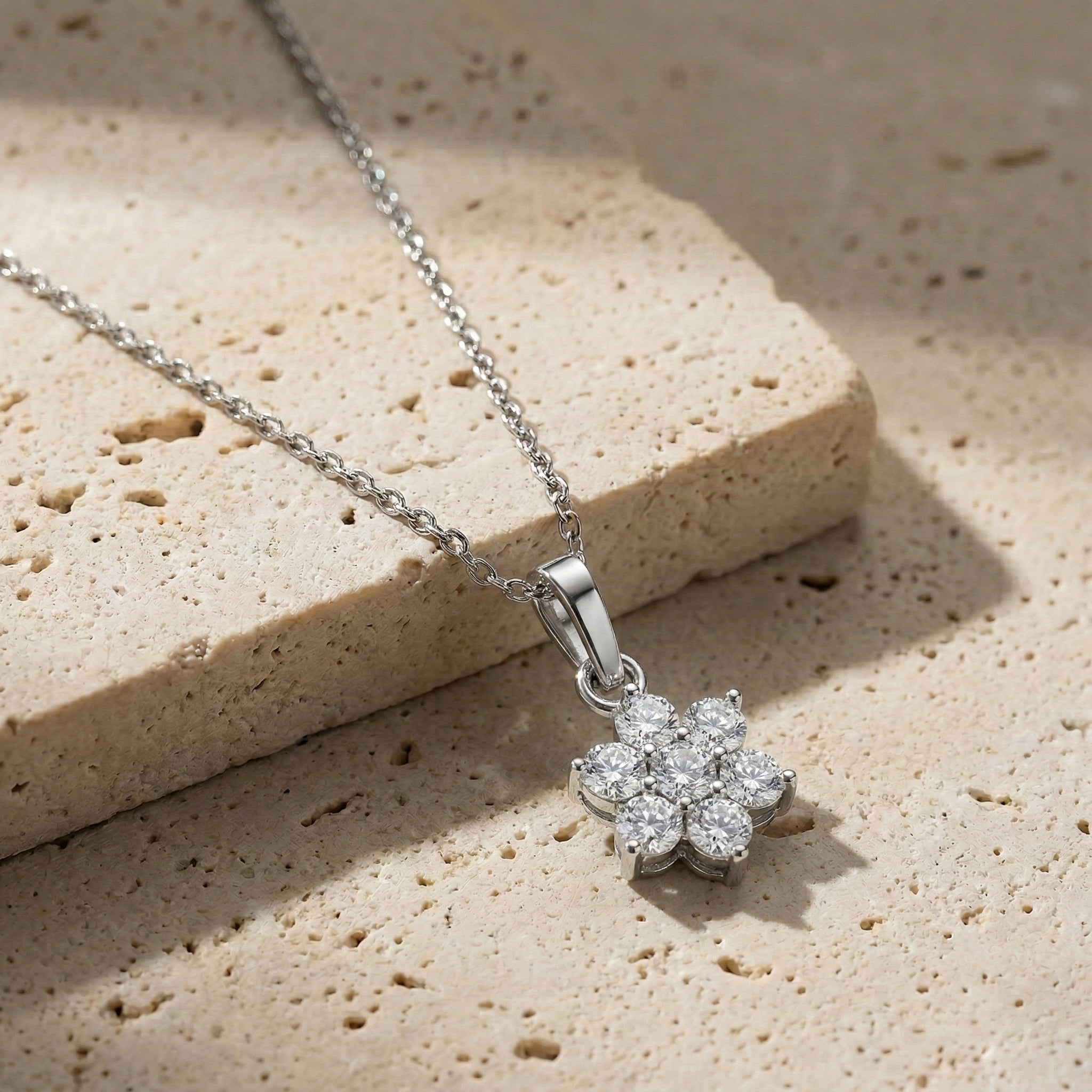 Dainty moissanite flower pendant necklace with premium sterling silver finish