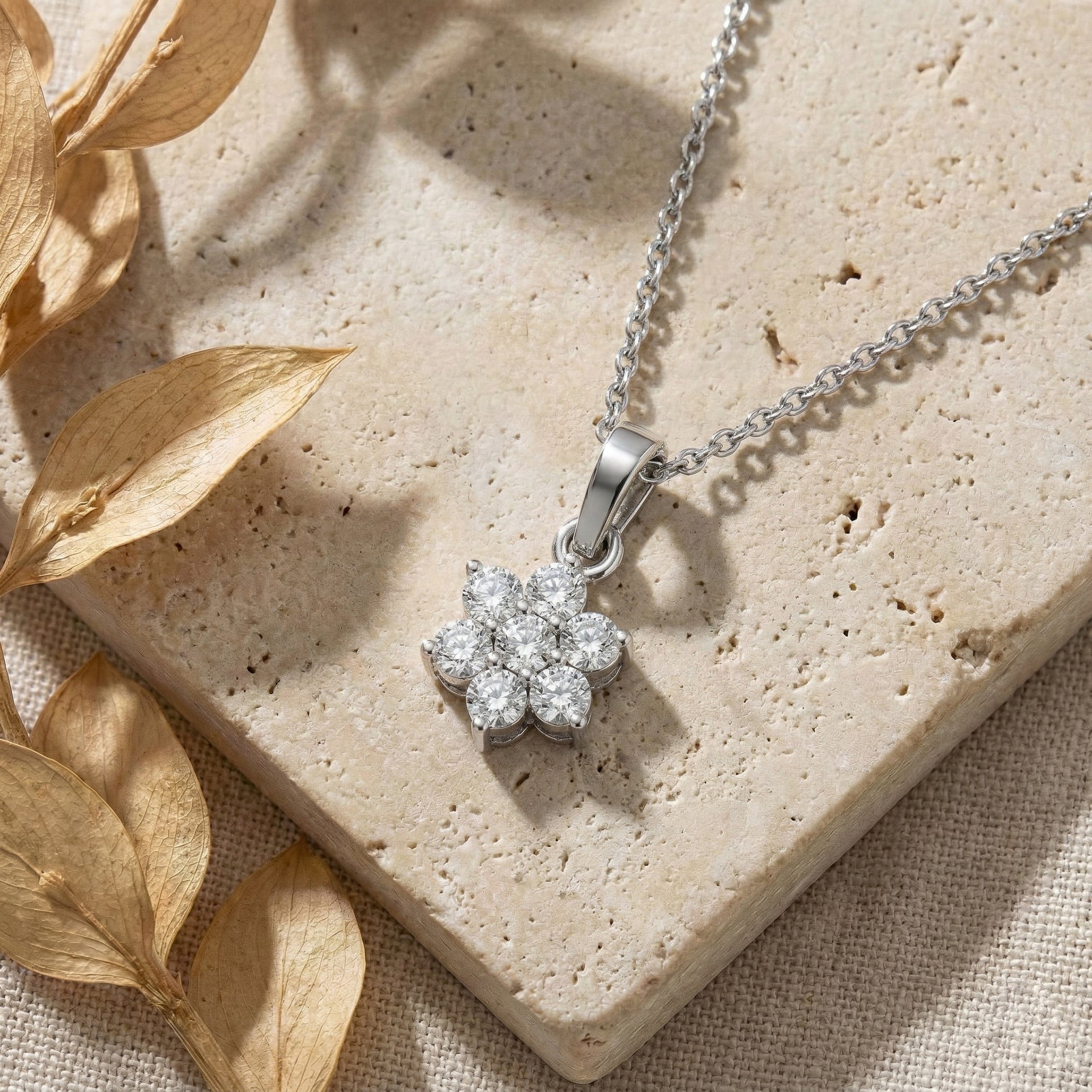 Elegant flower pendant necklace featuring brilliant moissanite gemstones