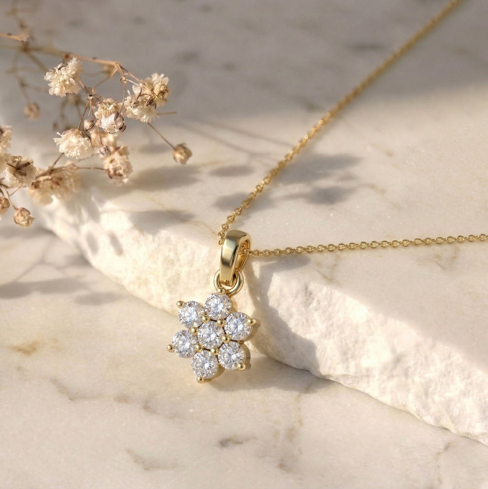 Nature inspired flower pendant necklace with sparkling moissanite stones