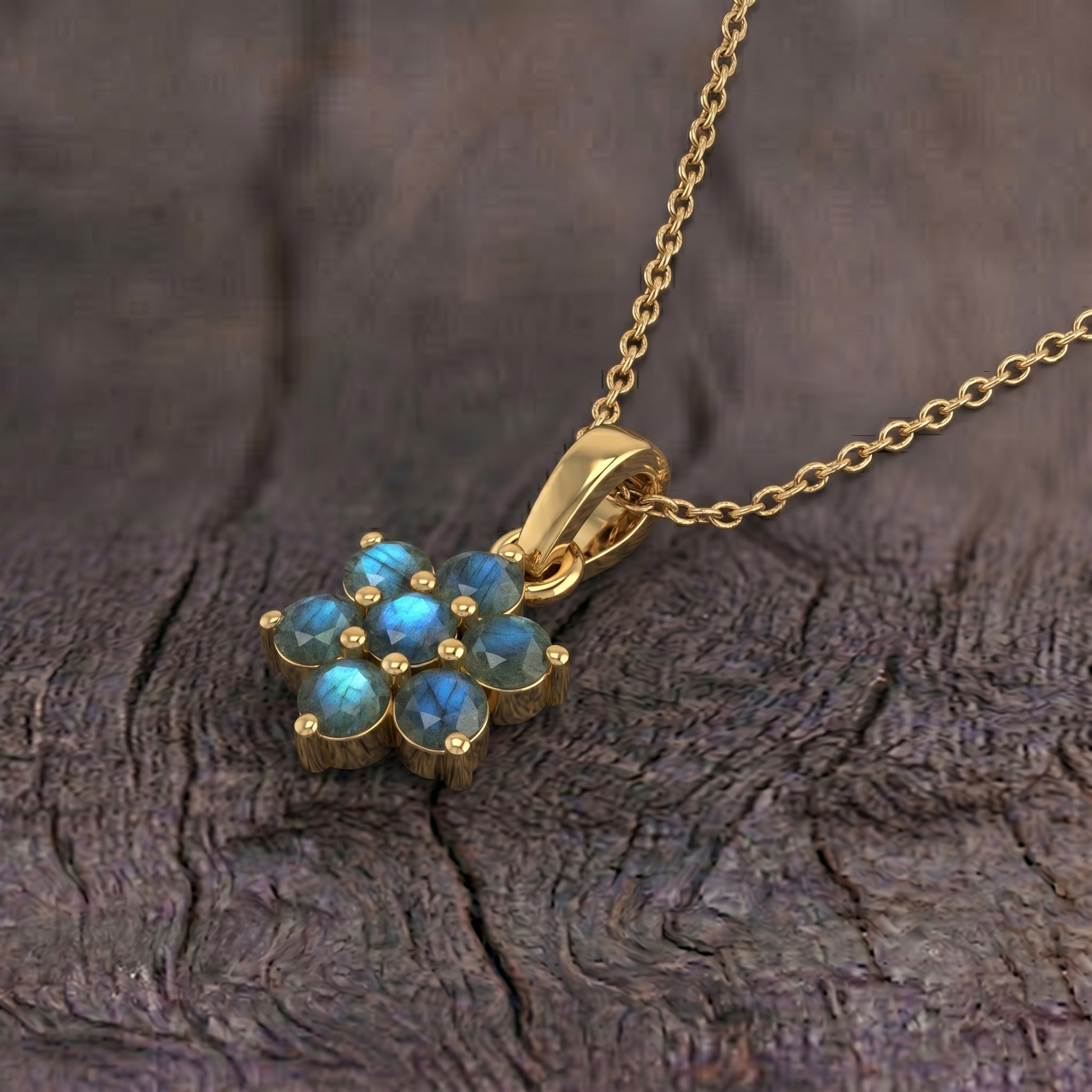 Minimalist floral pendant necklace with shimmering labradorite gemstones