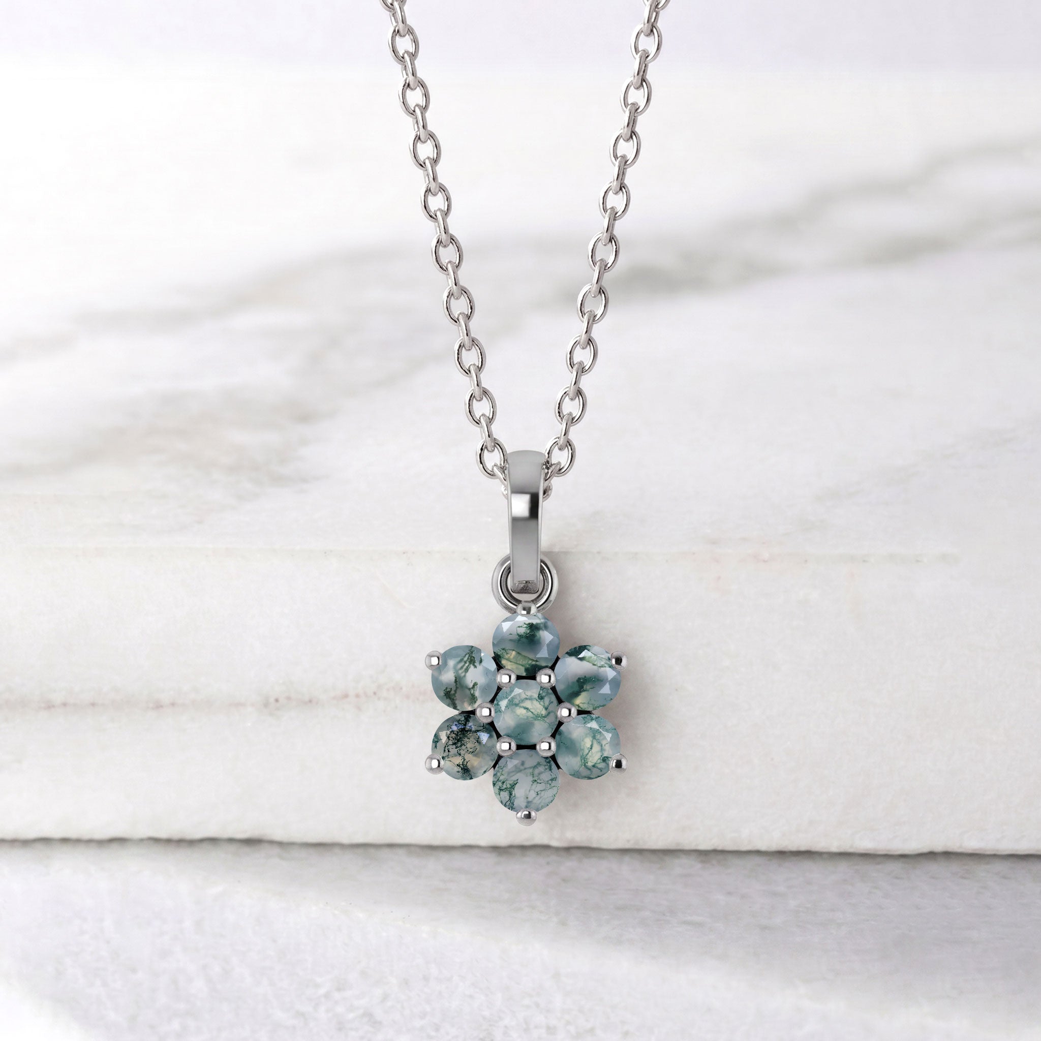Dainty moss agate pendant necklace with delicate floral pendant design