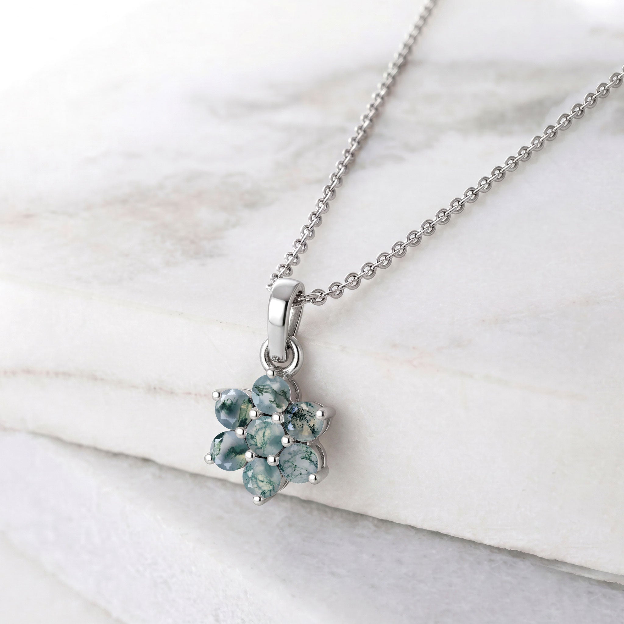 Sterling silver moss agate pendant necklace with gold filled accents