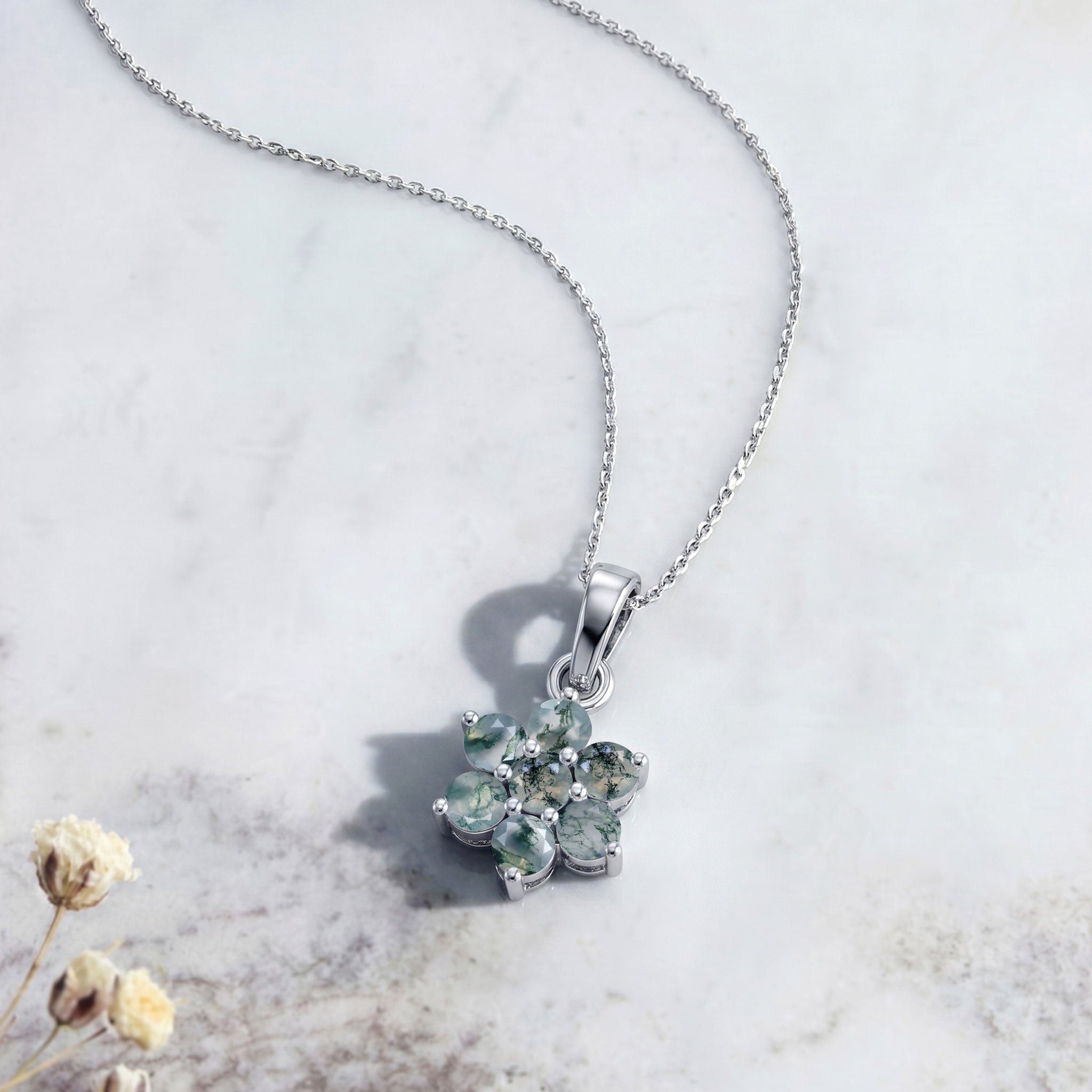 Natural moss agate gemstone pendant necklace with unique green patterns