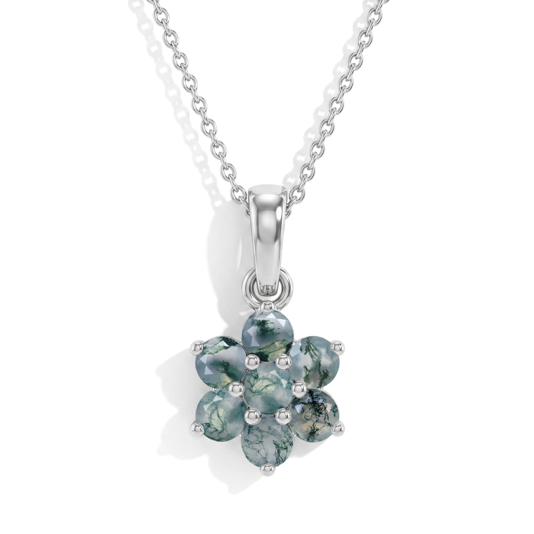 "Moss Agate flower pendant necklace with 925 sterling silver and yellow gold filled details
