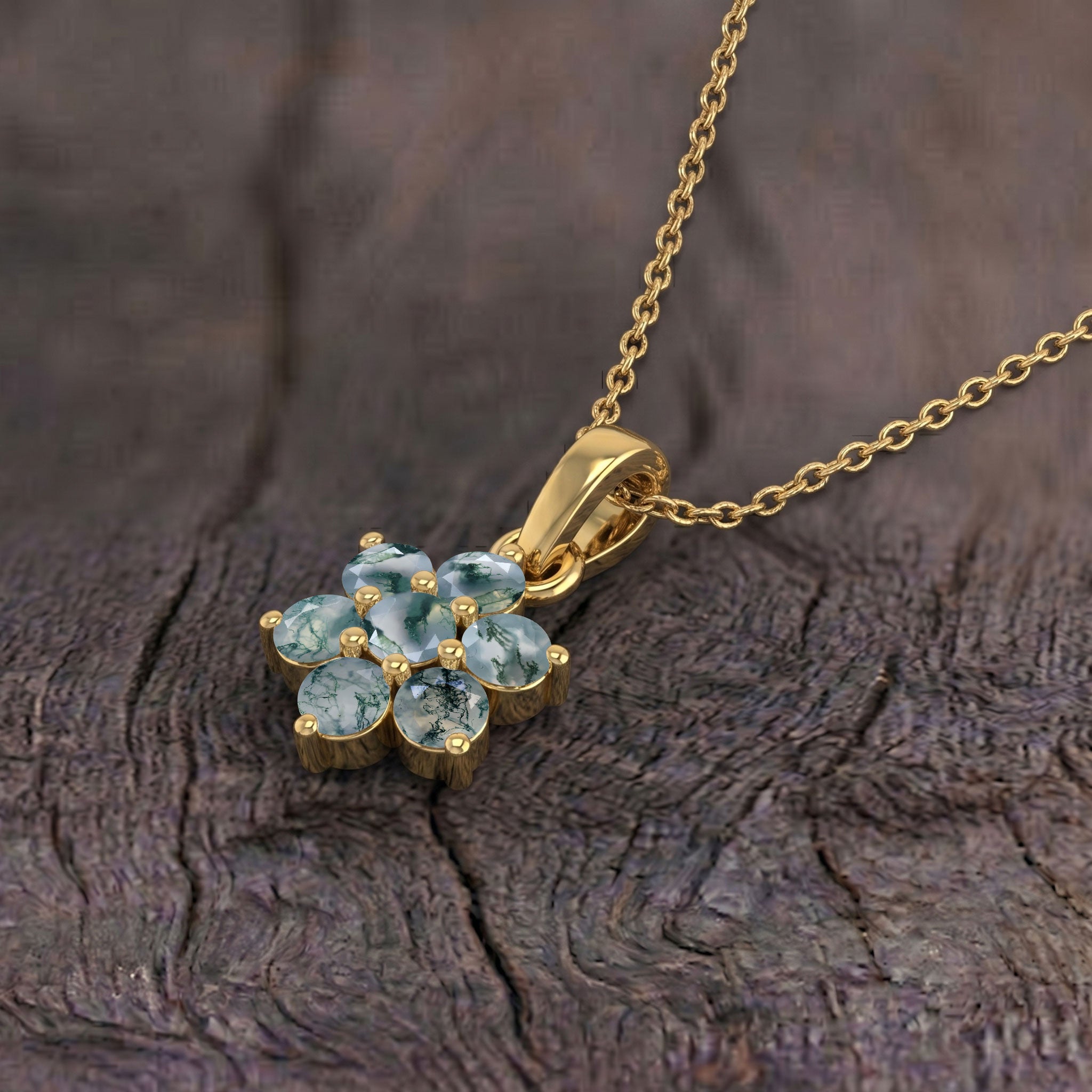 Minimalist floral pendant necklace with earthy moss agate gemstones