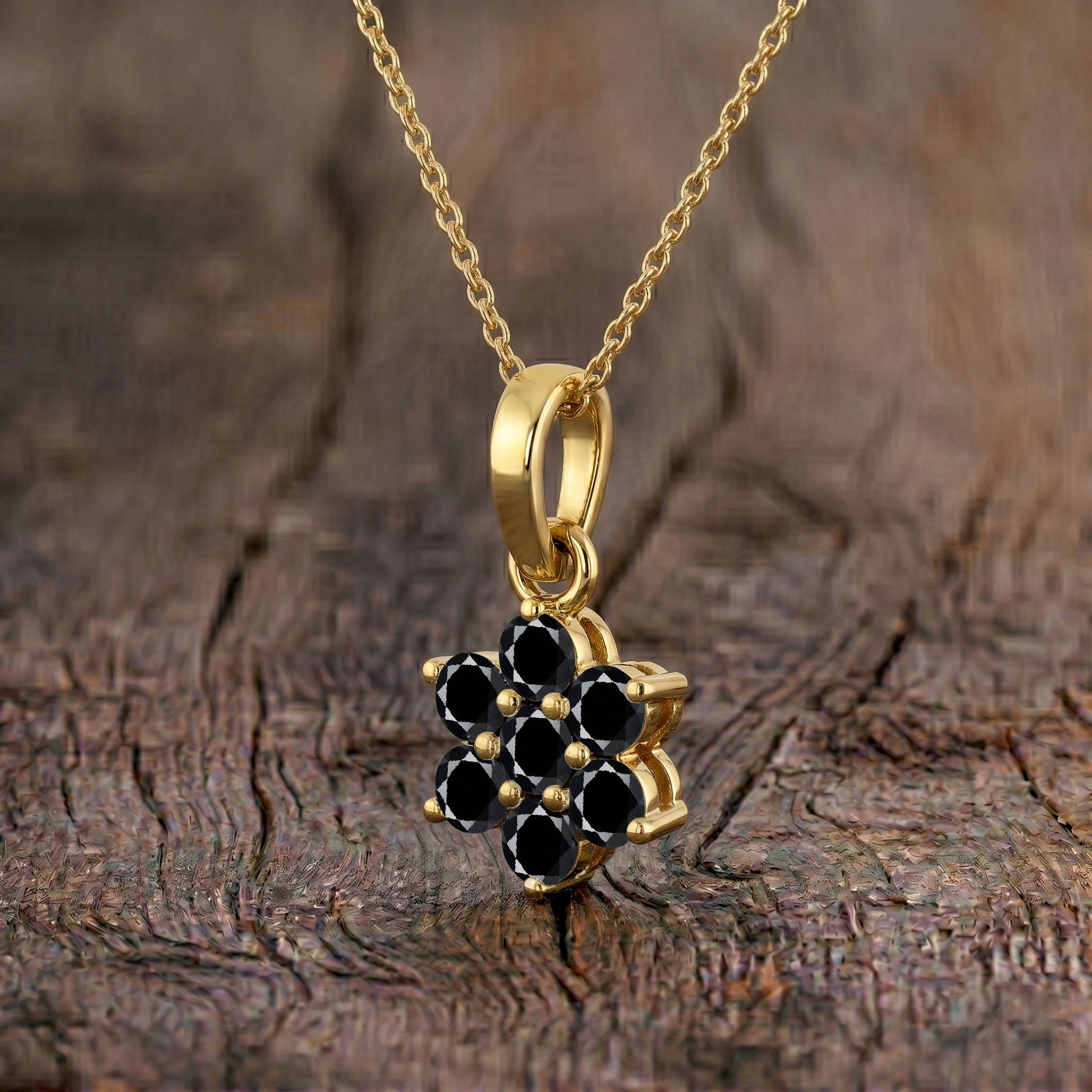 Minimalist floral pendant necklace with black onyx gemstones