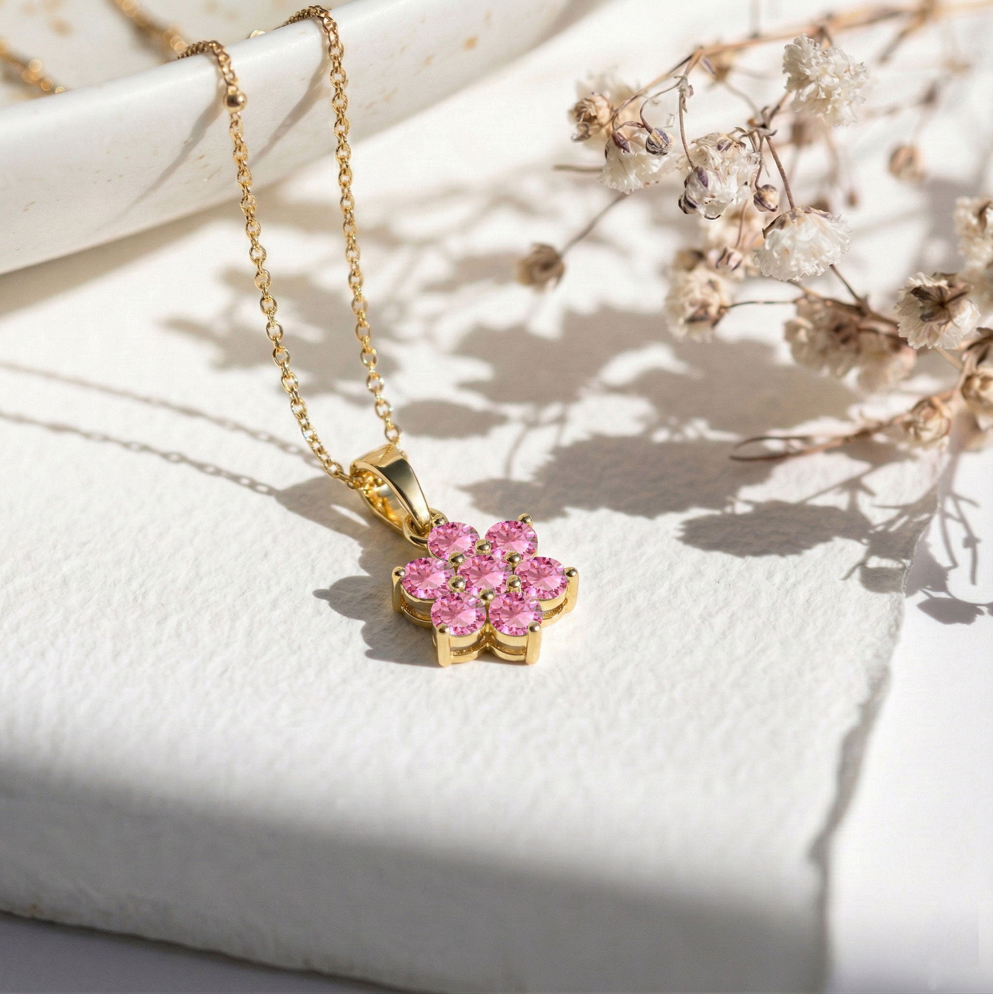 Beautiful pink tourmaline flower pendant necklace for special occasions