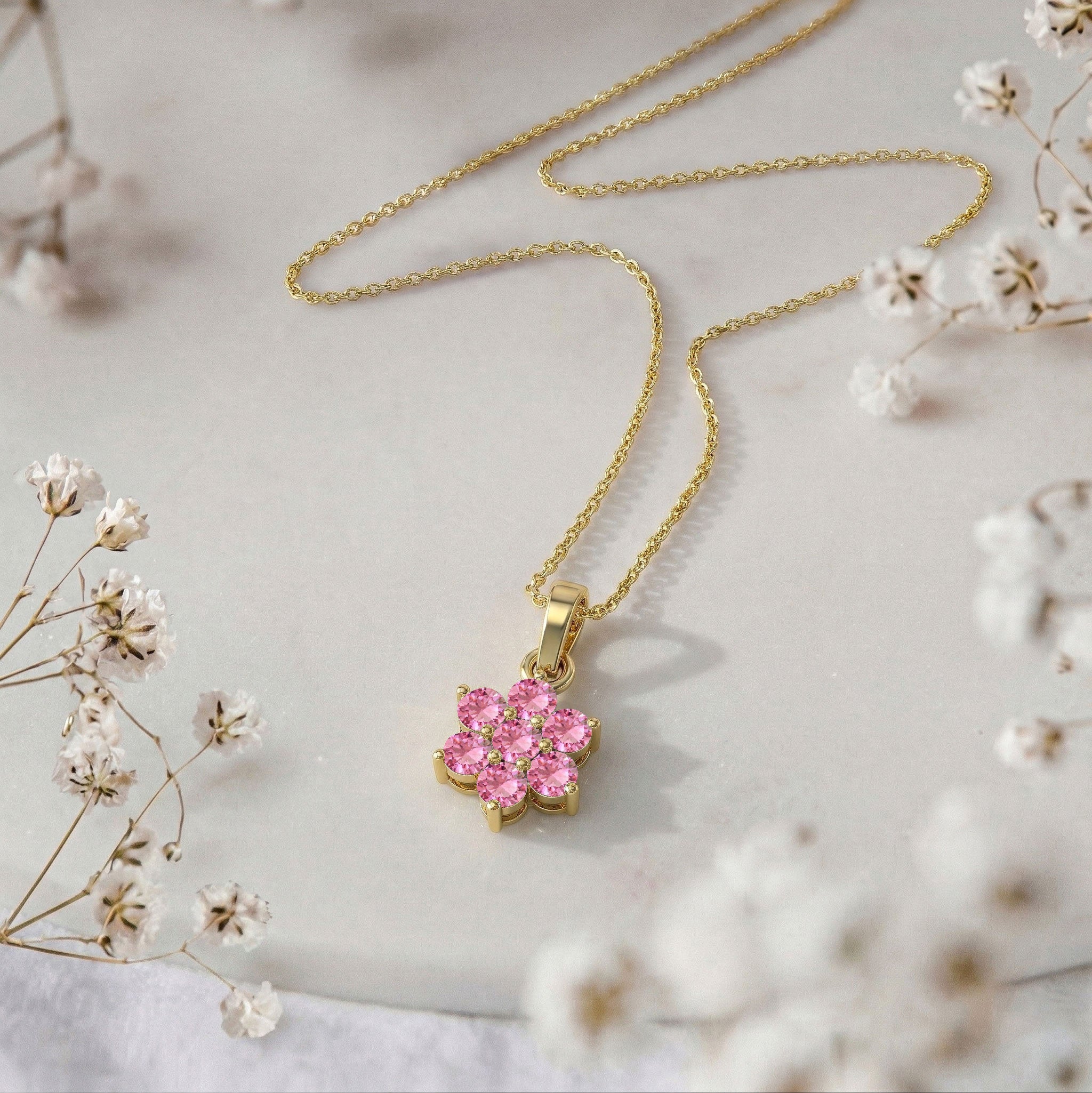 Minimalist floral pendant necklace with pink tourmaline gemstones