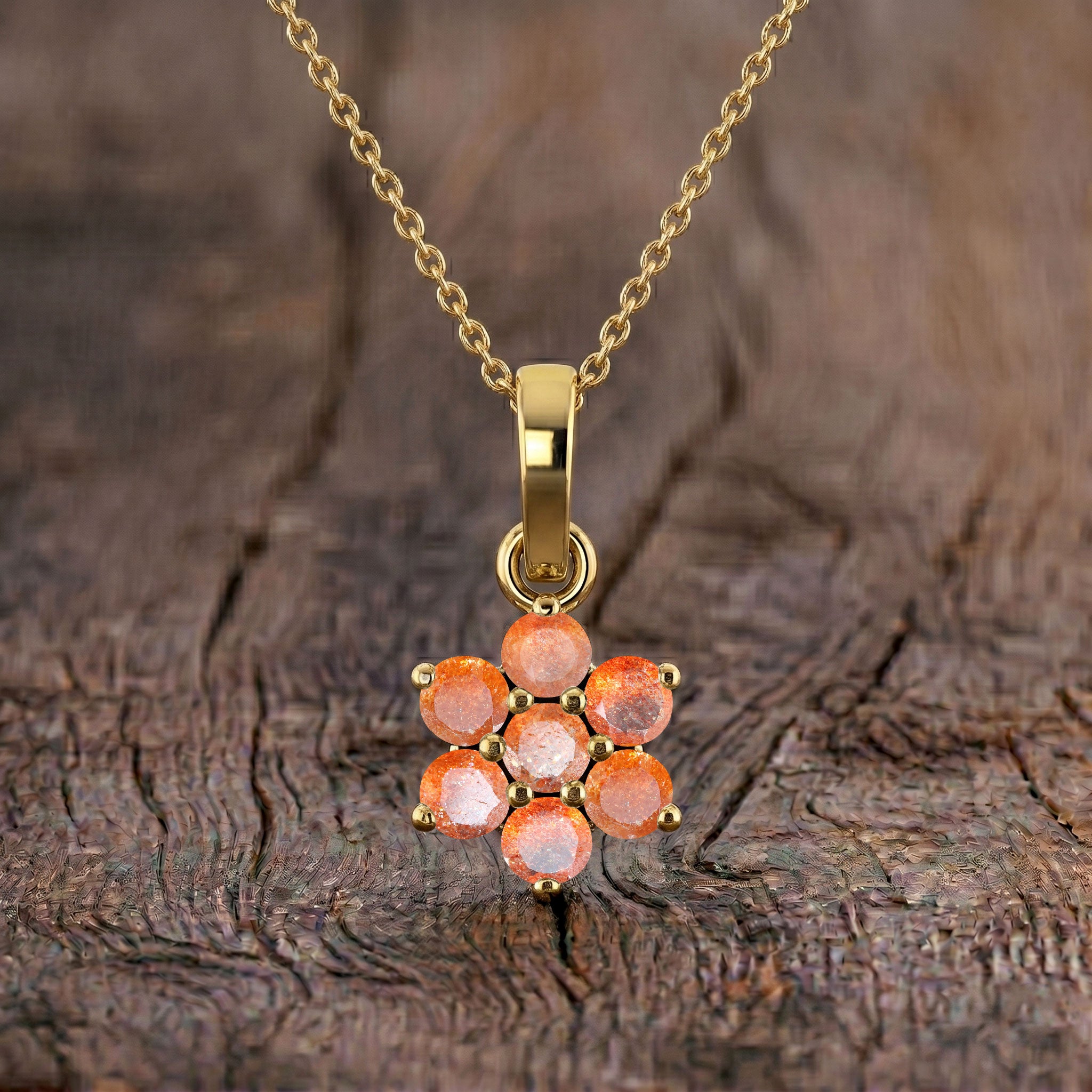 Sunstone crystal pendant necklace showcasing natural shimmer and orange tones